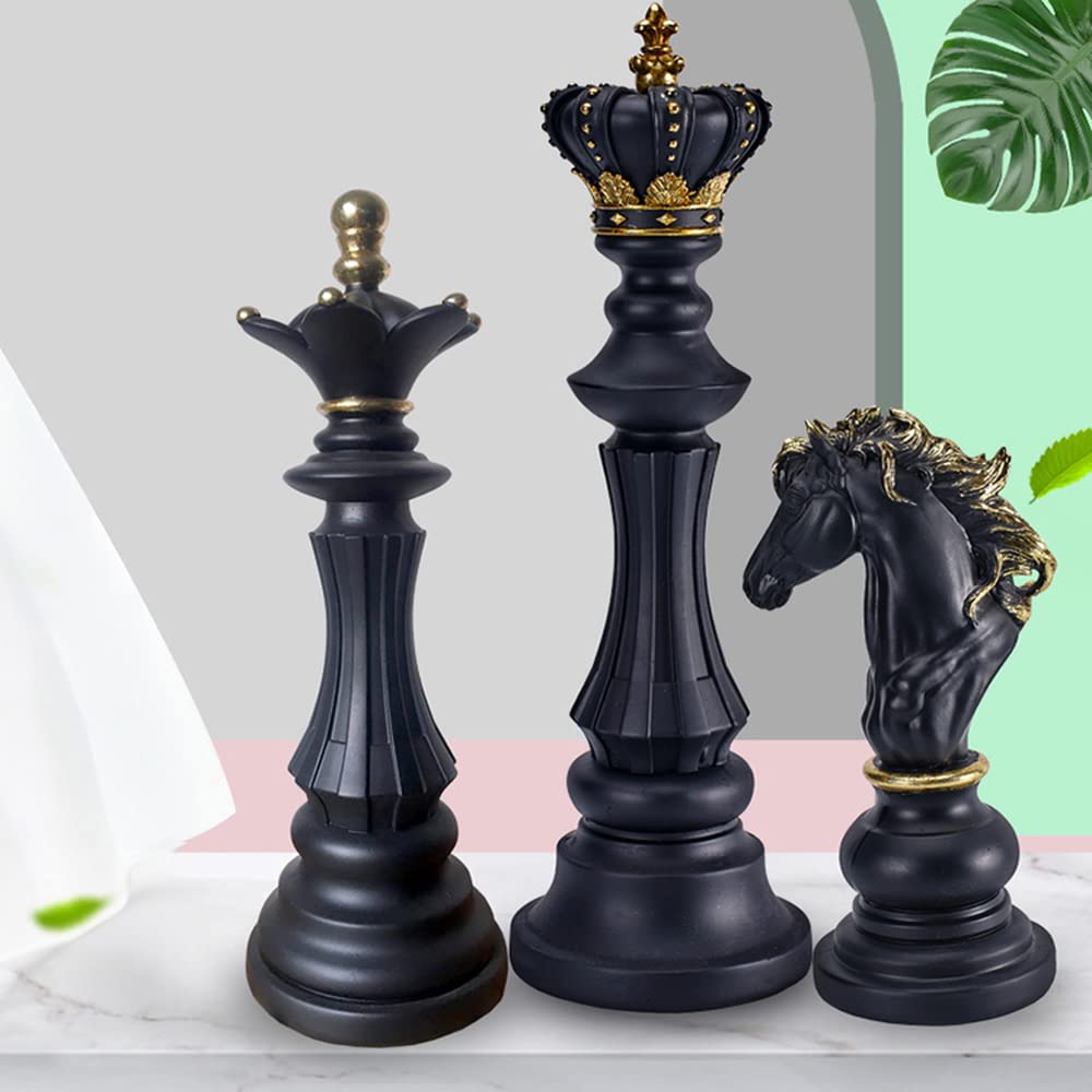 Handcrafted Resin Chess Figurine Set - King, Queen & Knight Pieces - Elegant Black Chess Statues for Home & Office Decor - Perfect for Game Rooms, Bookshelves & Gift Giving (Queen-Small, Black)