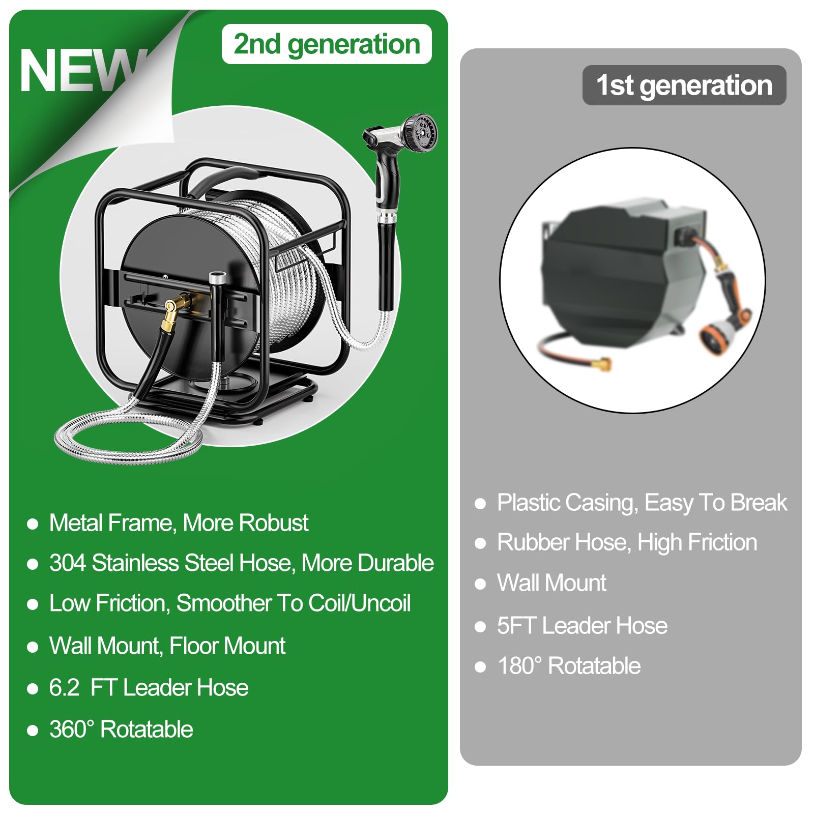 Heavy Duty Metal Garden Hose Reel with 100ft 304 Stainless Steel Hose & Aluminum Nozzle - Wall Mount/Floor Standing Water Pipe Storage Spool - 360° Swivel Rotation Frame with Winder - Perfect for Lawn, Yard, Garden Watering & Car Washing (Black)