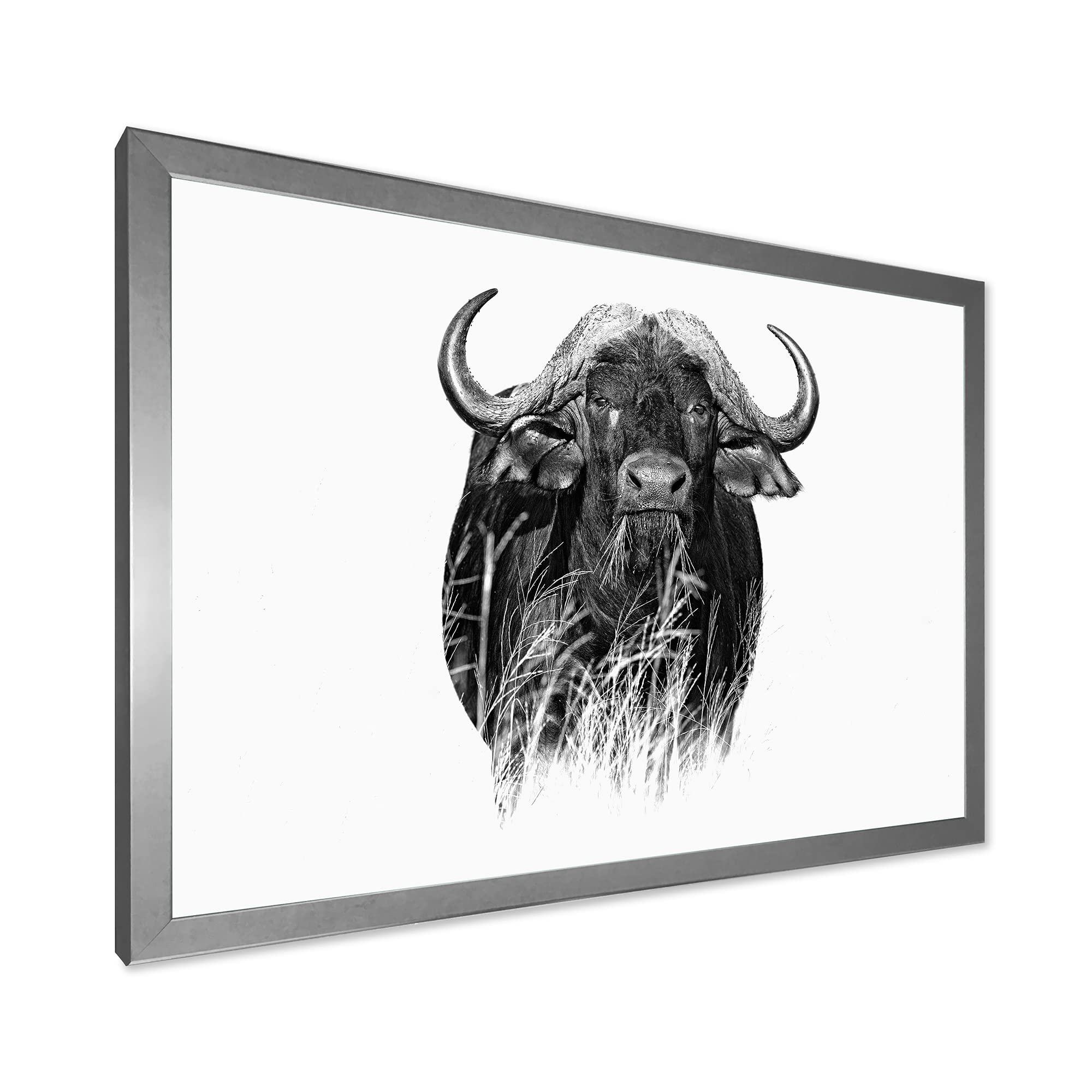DesignQ Monochrome Buffalo IV Farmhouse Framed Wall Art - Black & White Animal Portrait for Living Room, Bedroom & Office Decor
