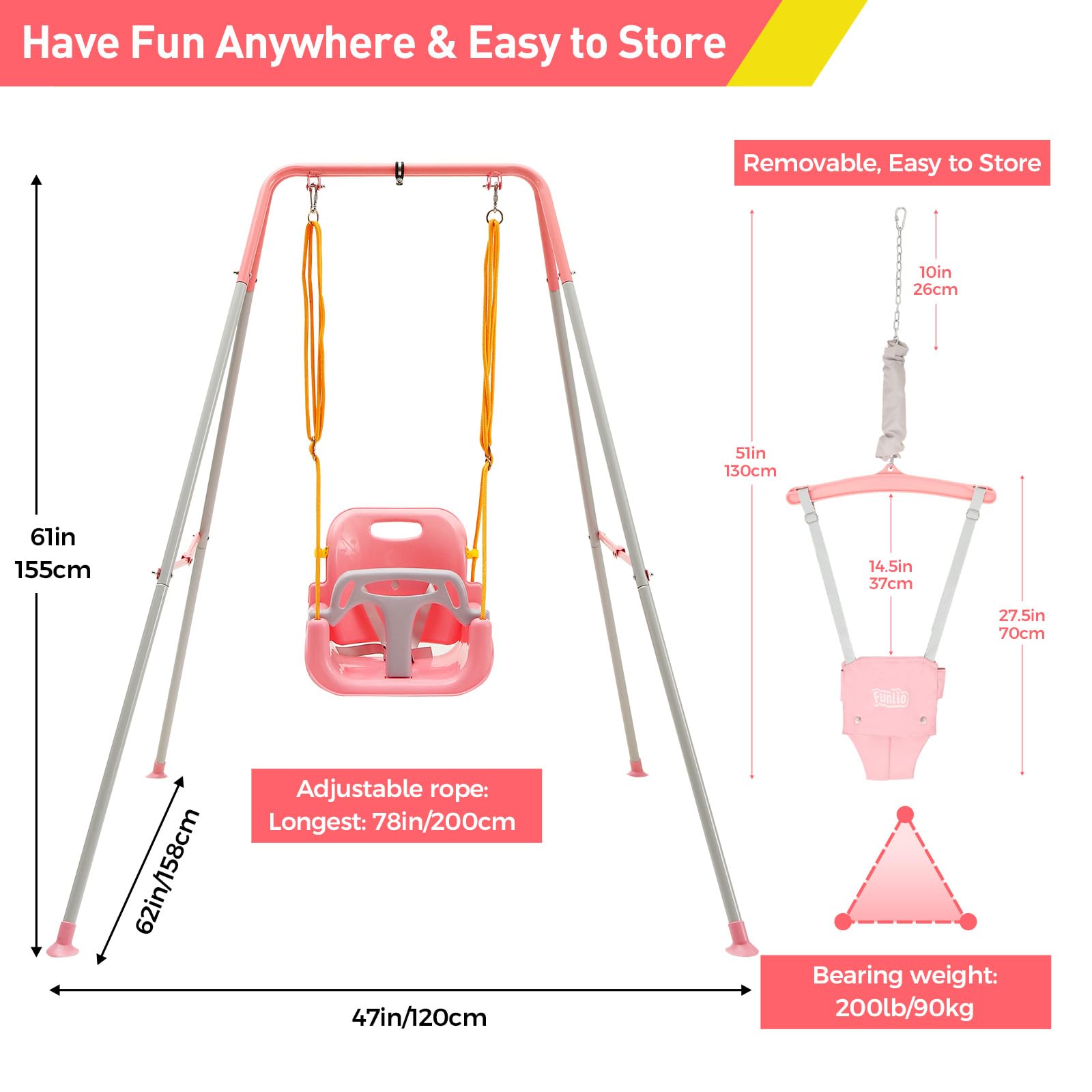 **FUNLIO 2-in-1 Baby Swing and Jumper for Toddlers - Heavy Duty Kids Swing Set with 4 Sandbags, Foldable Metal Stand - Indoor & Outdoor Play - Easy Assembly & Storage - Pink - Perfect for Backyards, Playrooms, and Daycares**