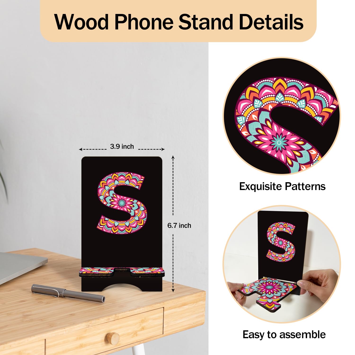 Personalized Initial Wooden Cell Phone Stand - Universal Phone Holder with Charging Hole for iPhone, Samsung & Tablets - Perfect for Office Desk, Home & Travel Use