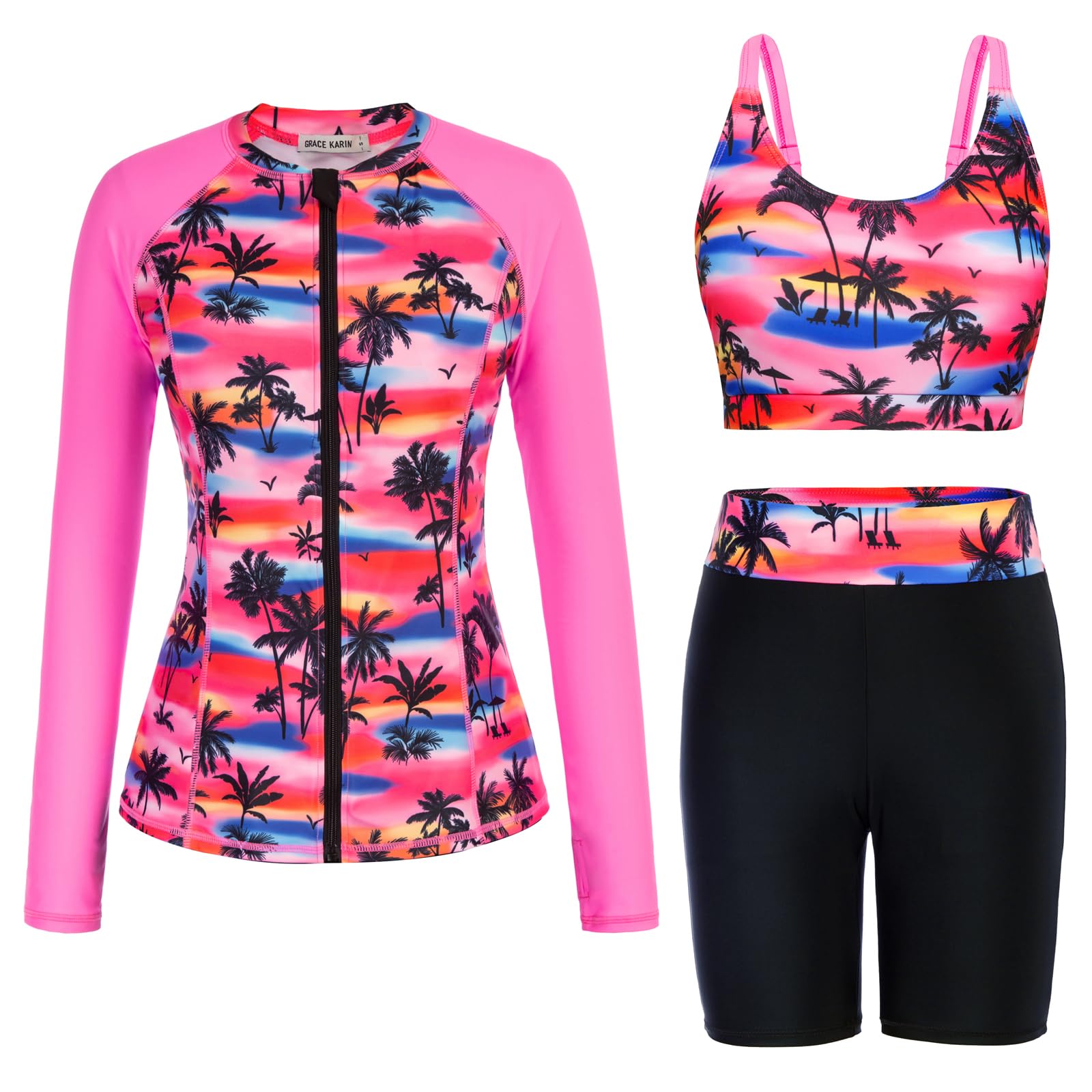 GRACE KARIN Women's 3 Piece Rash Guard Swimsuit Set with Built-in Bra, Long Sleeve UV Sun Protection, Zip Up Swim Top - Perfect for Surfing, Swimming & Beach Activities