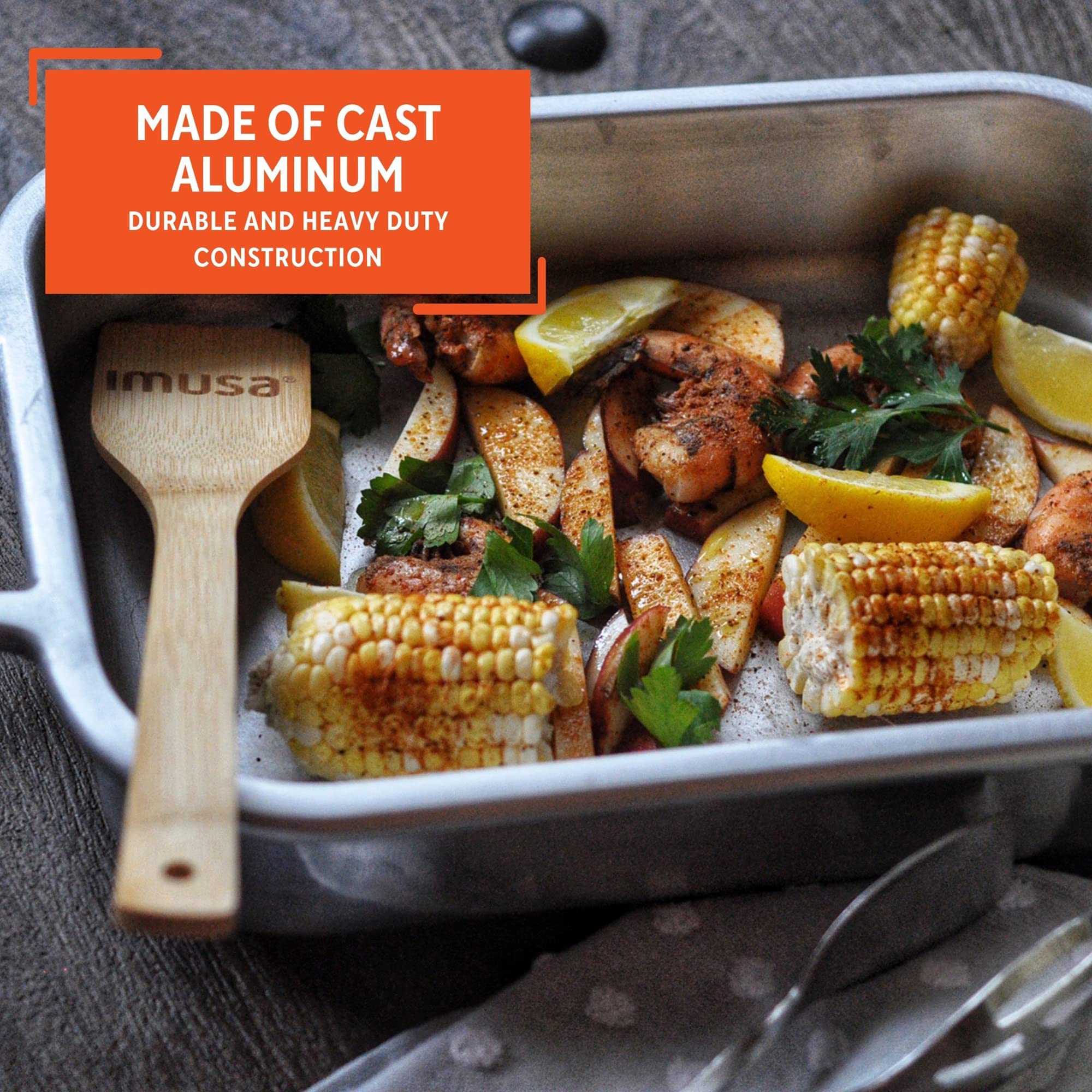 IMUSA 13.5x10 Inch Heavy Duty Cajun Cast Aluminum Roaster & Baking Pan - Perfect for Oven Roasting, Grilling, and Cajun Style Cooking