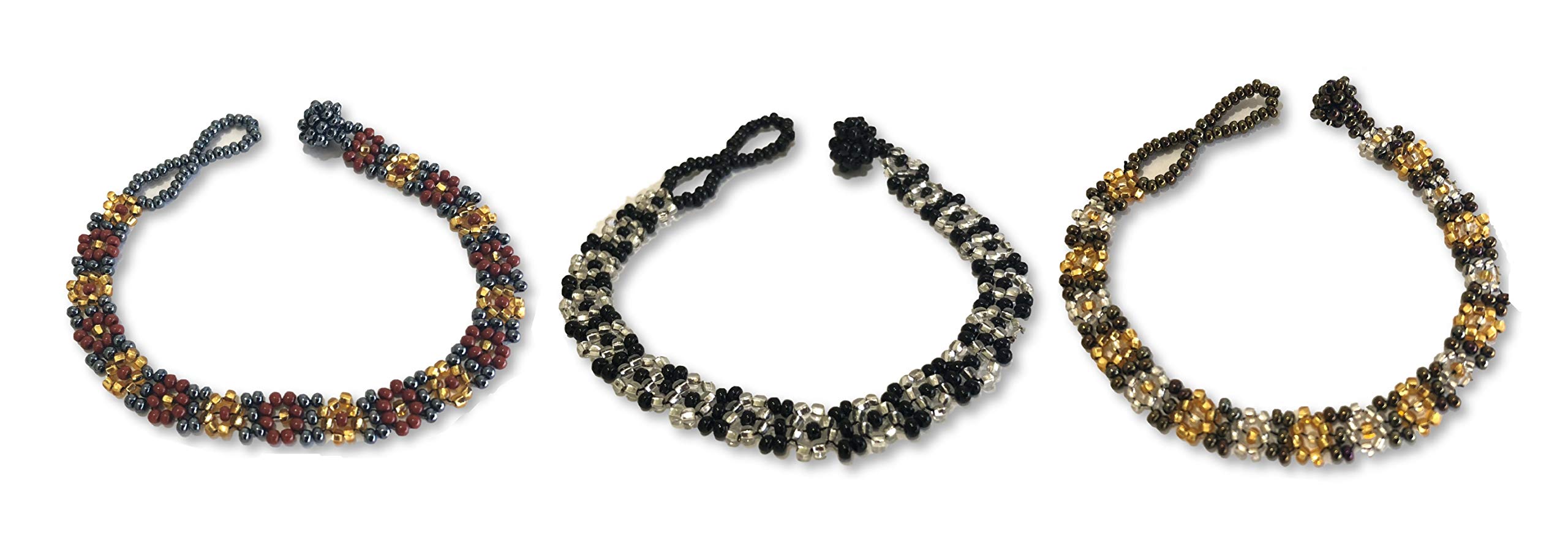 Mayan Arts Friendship Bracelets Set of 3 - Daisy Bead Bracelets in Gold, Silver, Black & Brown for Teens, Girls & Women | Handmade Boho Jewelry for Gifts, Parties & Everyday Wear
