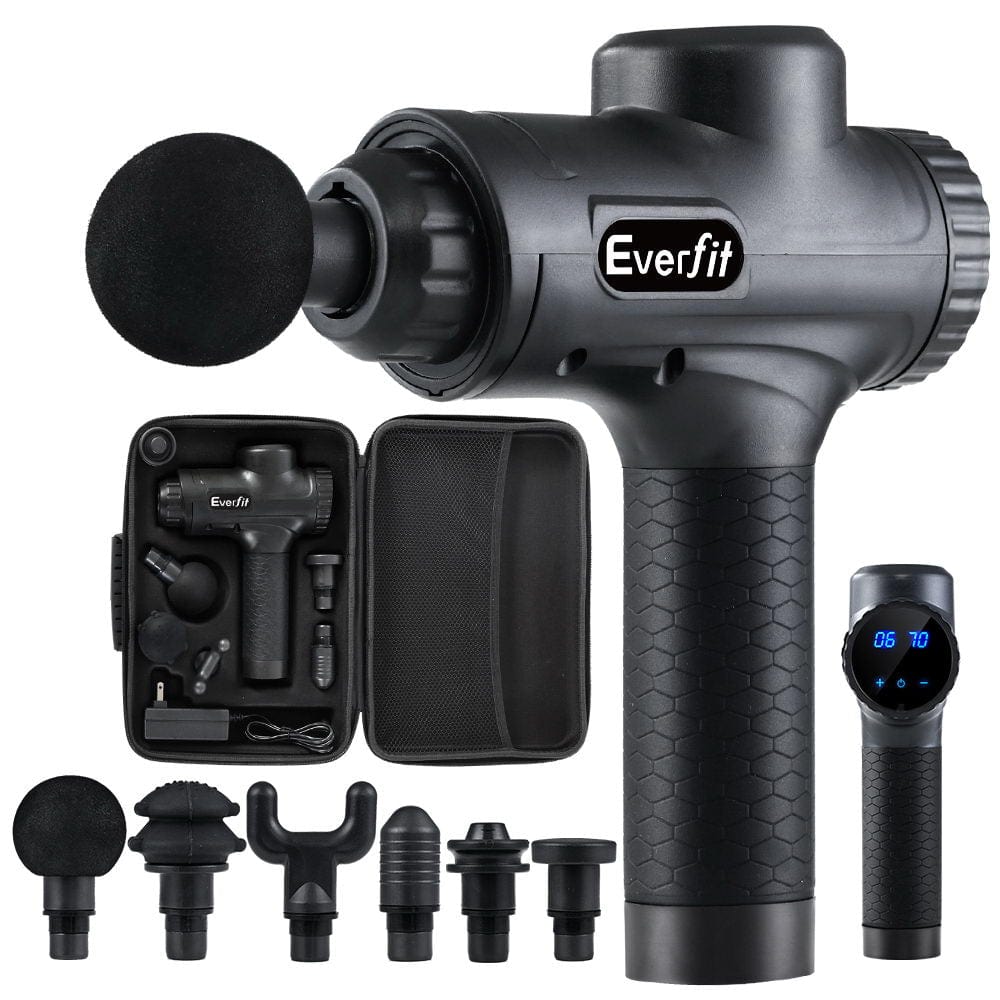 Everfit Deep Tissue Massage Gun - 30 Speed Levels & 6 Interchangeable Heads for Muscle Recovery - Rechargeable Percussion Massager (Black) - Perfect for Athletes, Gym Enthusiasts & Pain Relief at Home
