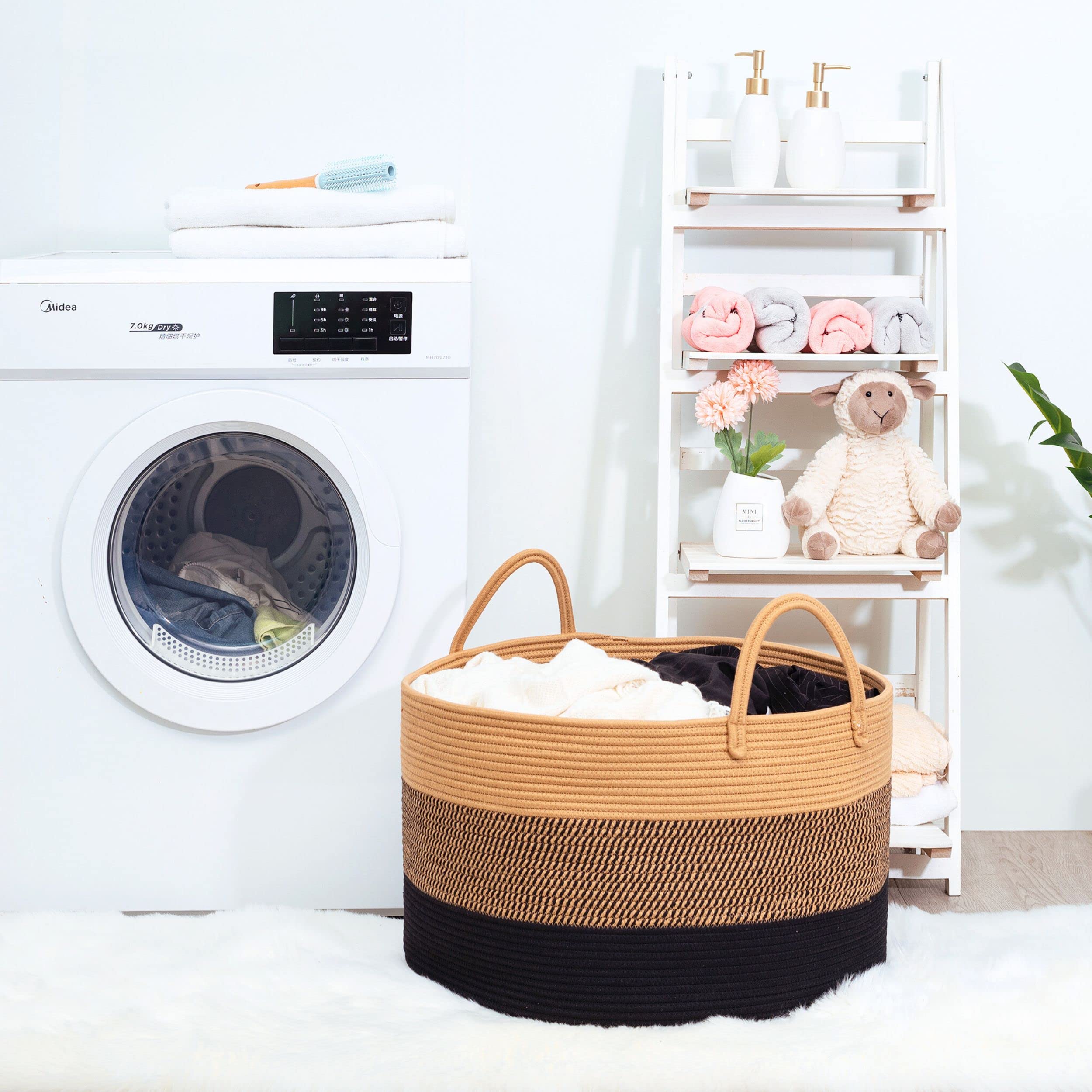 MINTWOOD Extra Large 22x14 Inch Woven Storage Basket - Blanket, Laundry & Toy Organizer, Decorative Cotton Rope Bin for Living Room, Bedroom & Nursery - Black Jute Basket for Home Organization & Cozy Decor
