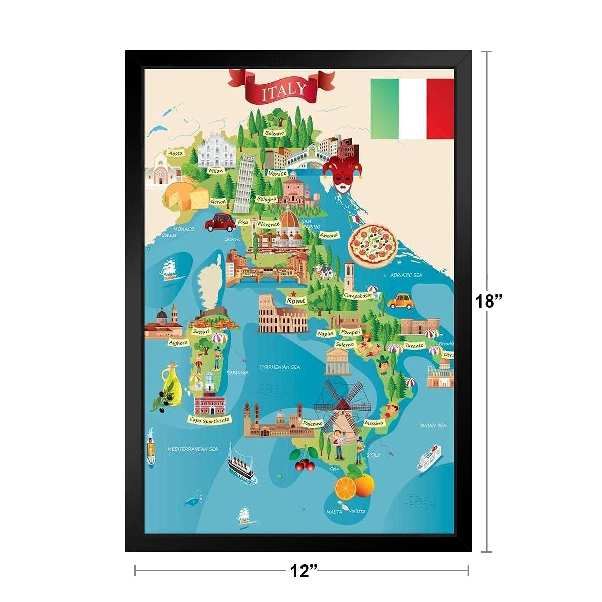 Detailed Italian Tourist & Travel Destinations Illustrated Map - World Travel Map with Cities - Black Wood Framed Wall Art 14x20 - Perfect for Home Office Decor, Geography Enthusiasts & Travel Planning