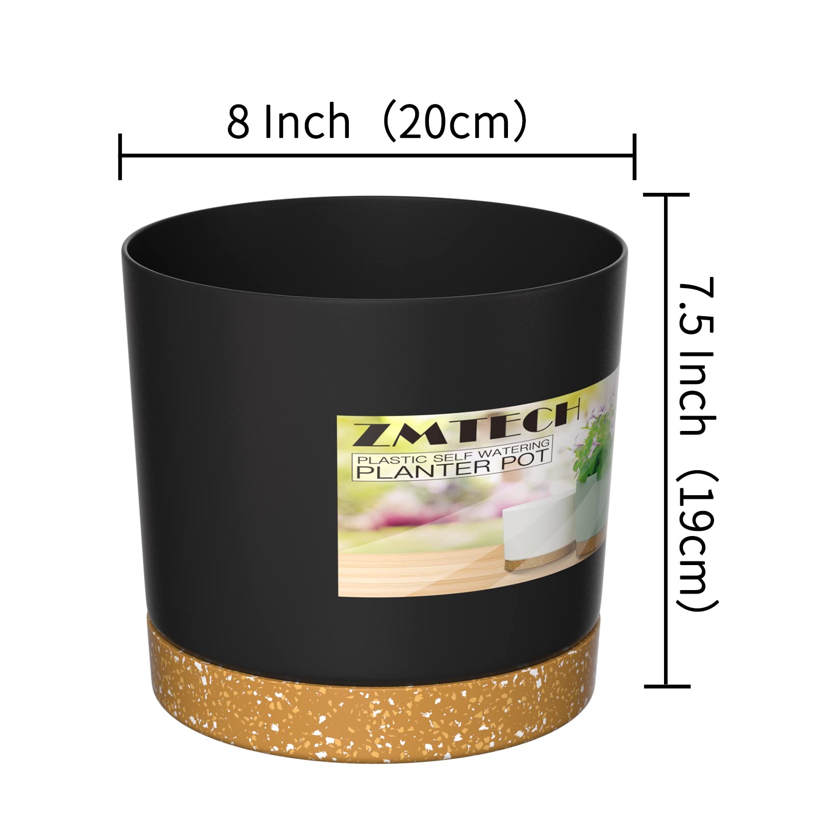 ZMTECH 8'' Self Watering Plant Pots Set of 3 - Modern Plastic Planters with Drainage Hole & Saucer for Indoor Outdoor Plants, Succulents, Flowers - Dark Gray Decorative Flower Pots for Home, Office, Garden & Balcony