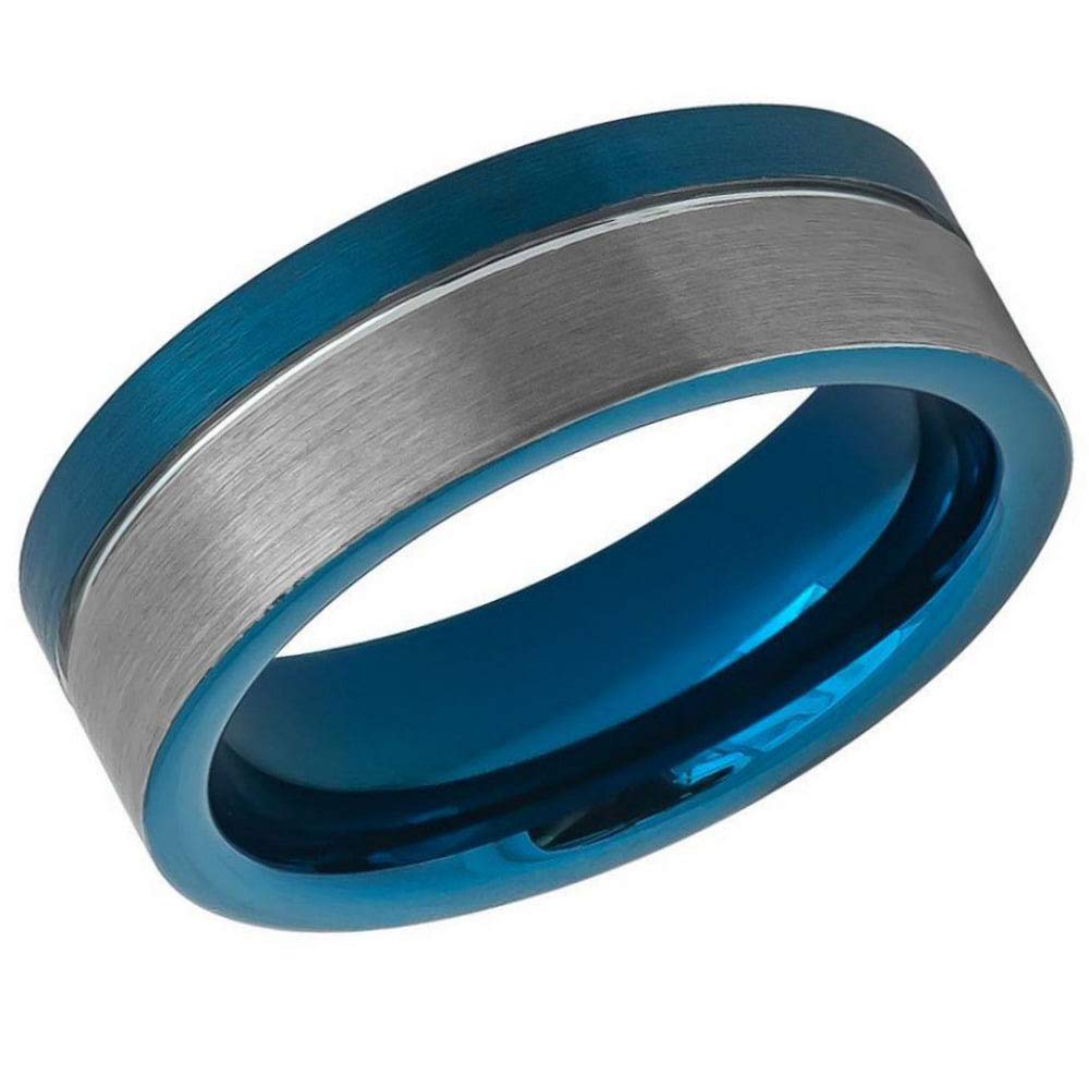 8mm Brushed Finish Two-Tone Blue IP Comfort Fit Tungsten Carbide Men's Wedding Band Anniversary Ring - Size 12.5 - Durable & Scratch Resistant for Daily Wear, Work & Special Occasions