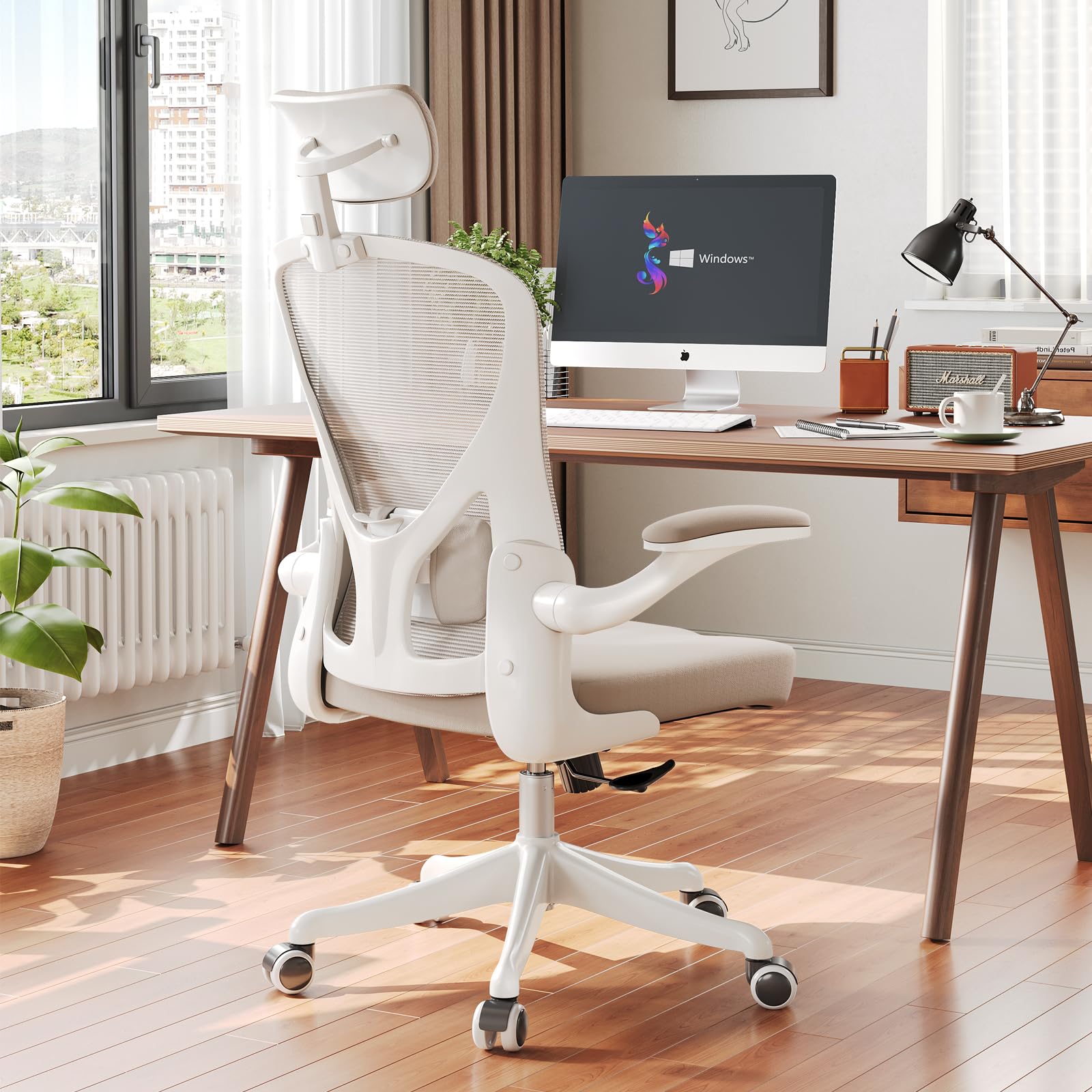 Ergonomic Office Chair with Lumbar Support & Thickened Cushion - Adjustable Headrest & Flip-Up Armrests - Rolling Desk Chair for Home & Office - Perfect for Long Work Hours & Gaming Sessions (Khaki)