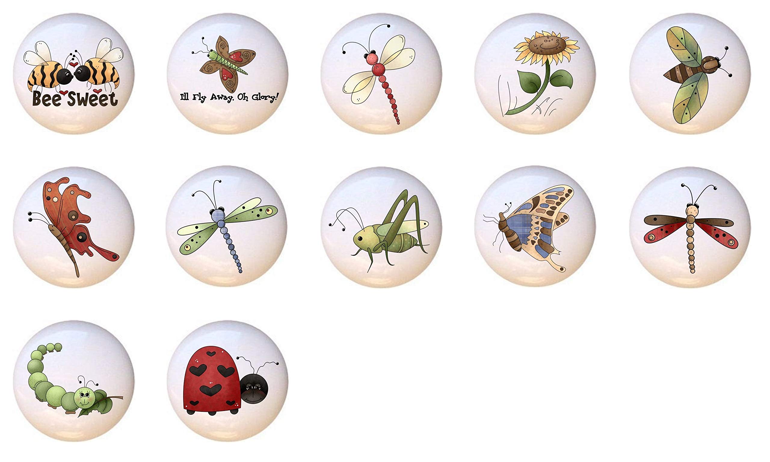 12-Pack Buggin' You Too Country Ceramic Cabinet Knobs - Floral Insect Drawer Pulls for Farmhouse Kitchen & Bathroom Decor