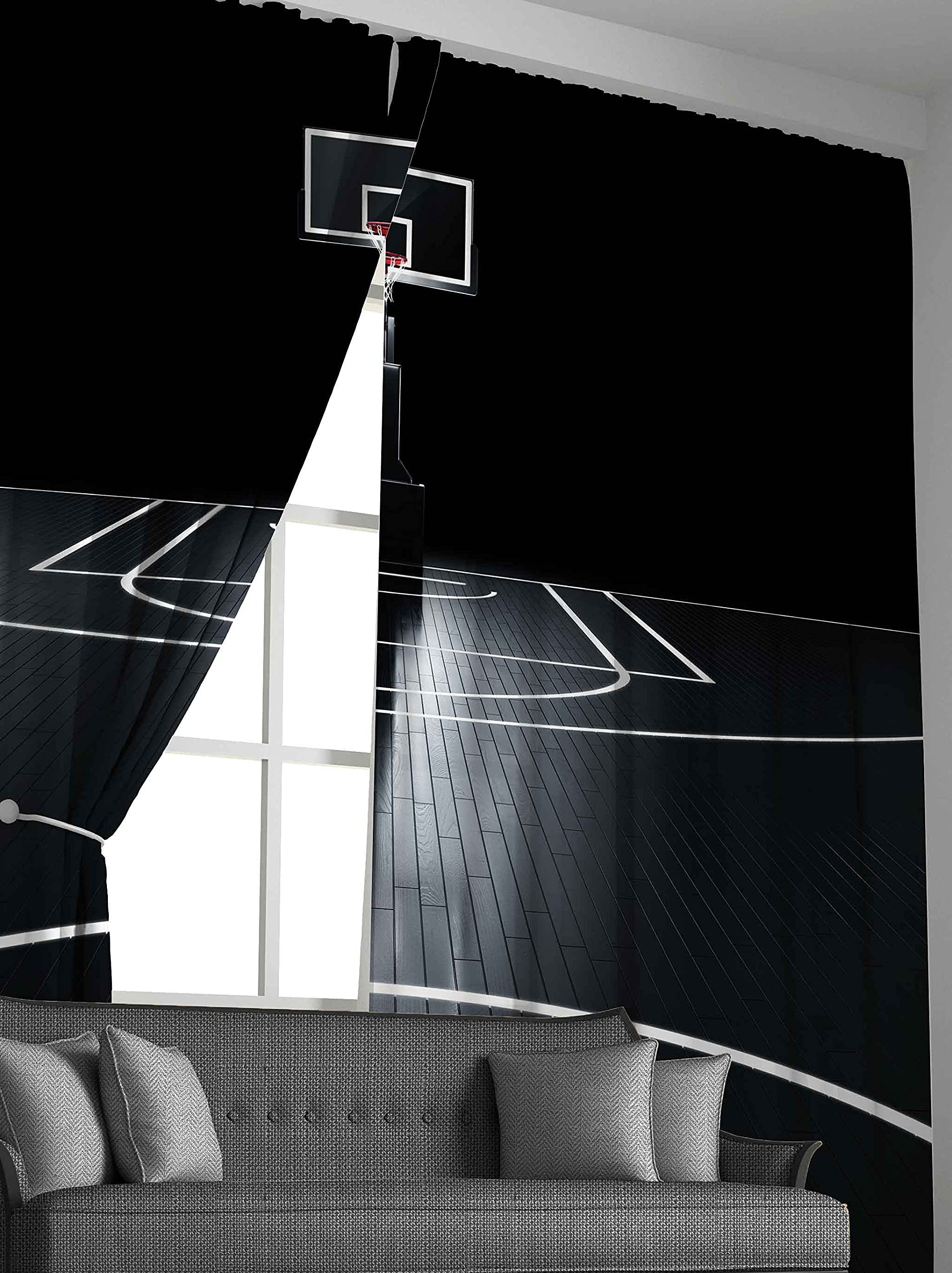 Basketball Curtains for Boys Room - Sports Themed Window Drapes for Kids & Teens - Black & White 42x63 Inch Basketball Court Design - Perfect for Bedroom, Living Room & Game Room Decor - 2 Panels