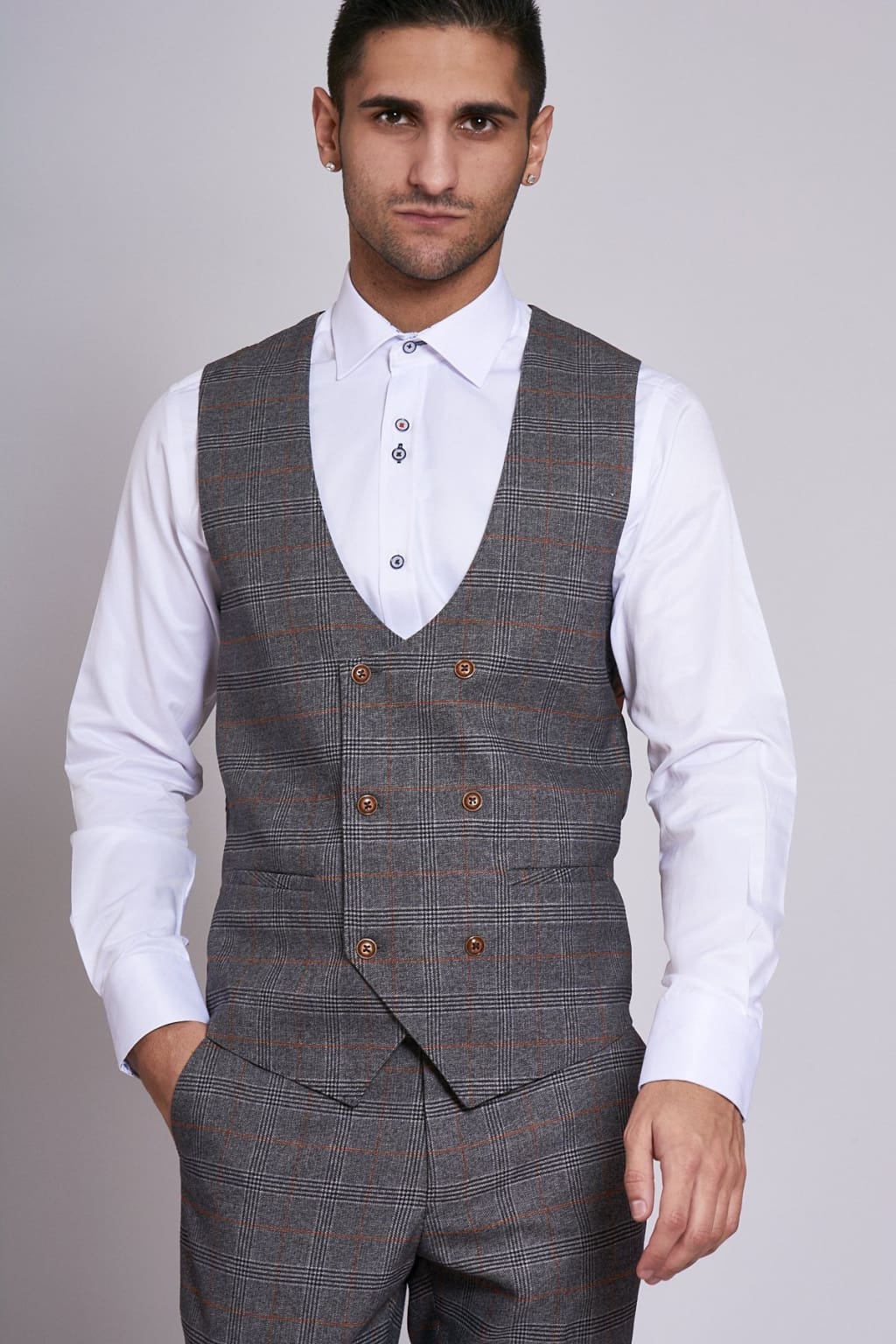 JENSON Grey Check Double Breasted Waistcoat for Men - Stylish Formal Vest for Weddings, Business & Office Wear