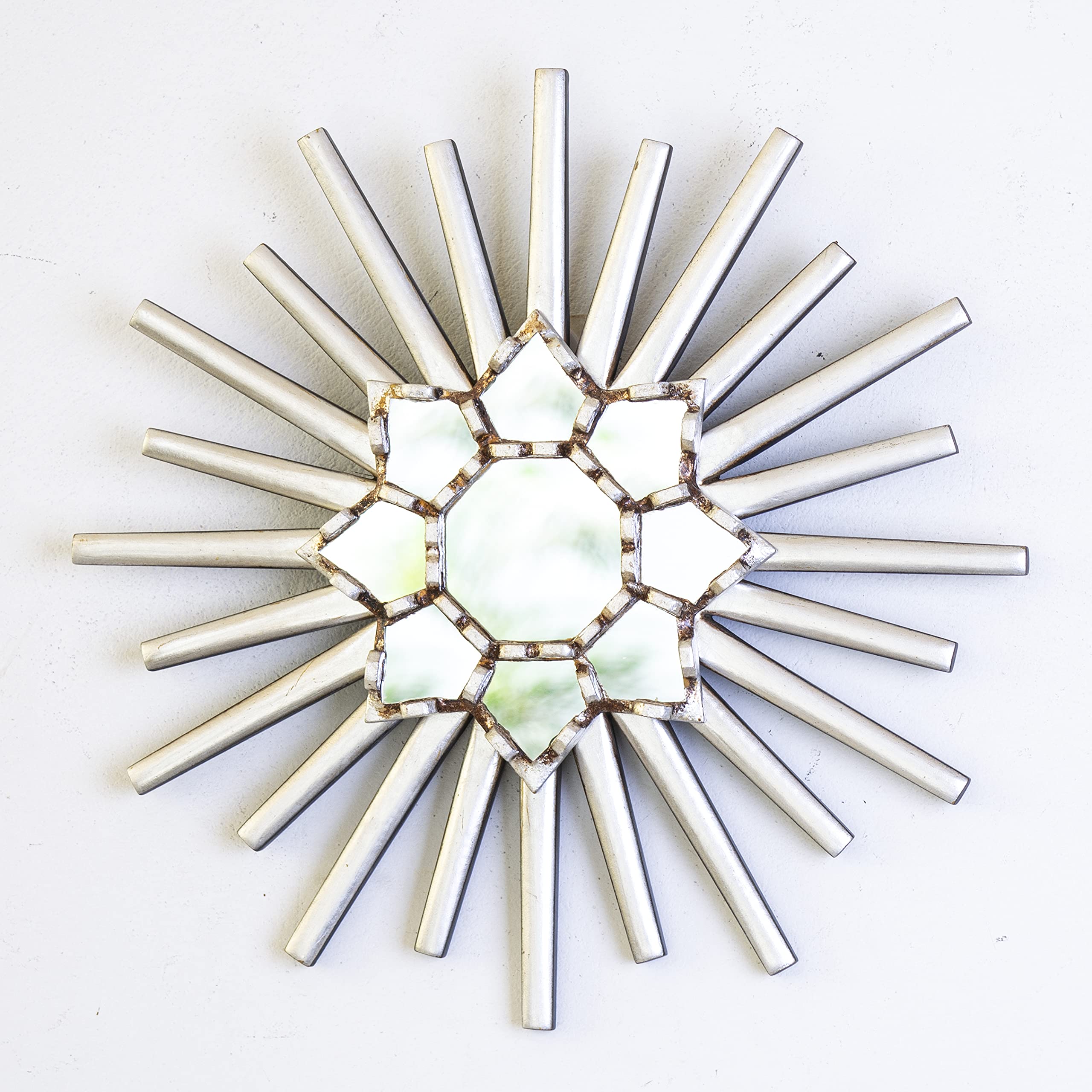 11.8 Inch Silver Sunburst Wall Mirror - Handmade Round Wood Mirror from Peru - Unique Home Decor Gift for Women & Men - Perfect for Living Room, Bedroom or Entryway Decor