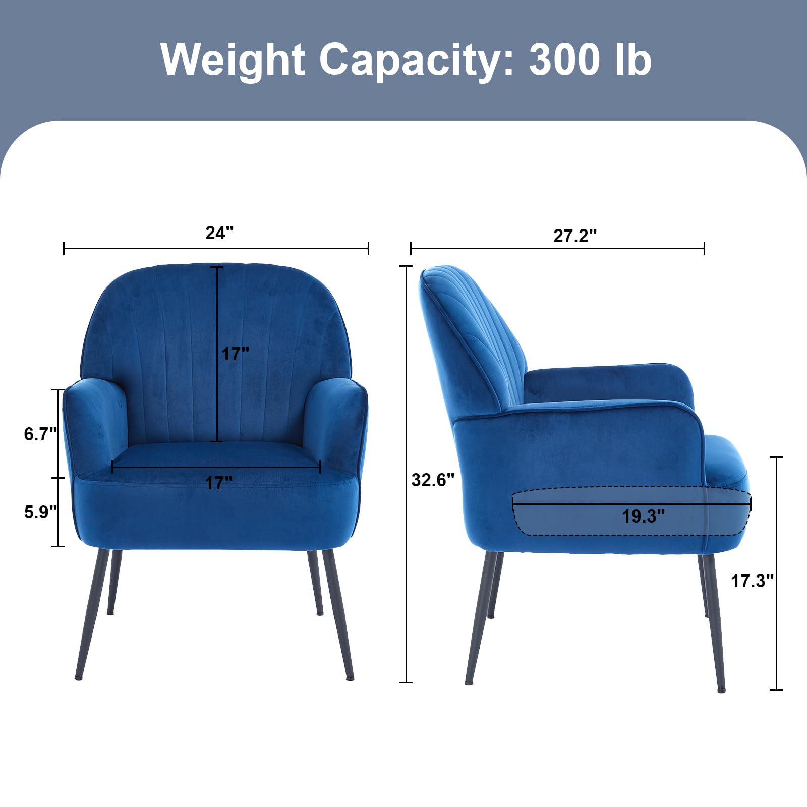 Luxury Modern Velvet Accent Chair - Comfy Upholstered Single Sofa with Armrests & High Back Support - Elegant Barrel Armchair with Sturdy Metal Legs for Living Room, Bedroom, Office & Vanity (Blue) - Perfect for Relaxing, Reading & Home Decor