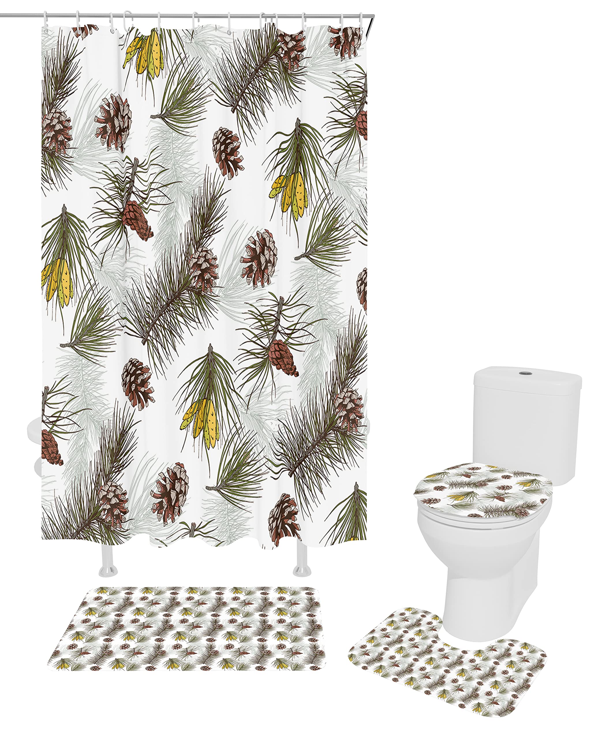 4-Piece Pinecone Christmas Shower Curtain Set - Waterproof Fabric Bathroom Decor with Non-Slip Rugs, Toilet Lid Cover & Bath Mat (66x72 Inch, White & Green) - Perfect for Holiday Bathroom Makeover & Festive Home Decor