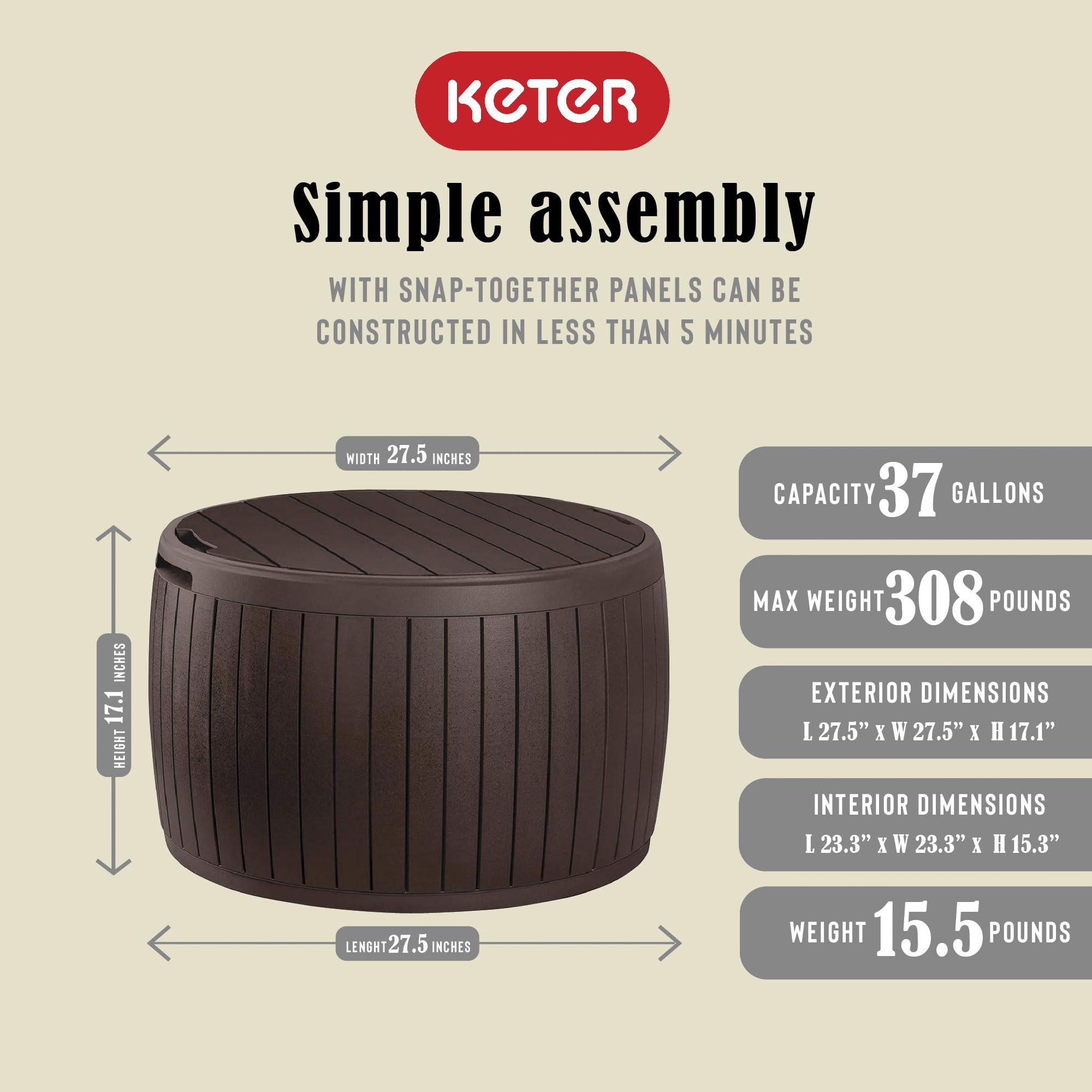 Keter 37 Gallon Outdoor Storage Deck Box - Waterproof Patio Furniture Organizer, Weather-Resistant Garden Table Bin in Brown - Perfect for Backyard, Deck, and Poolside Storage