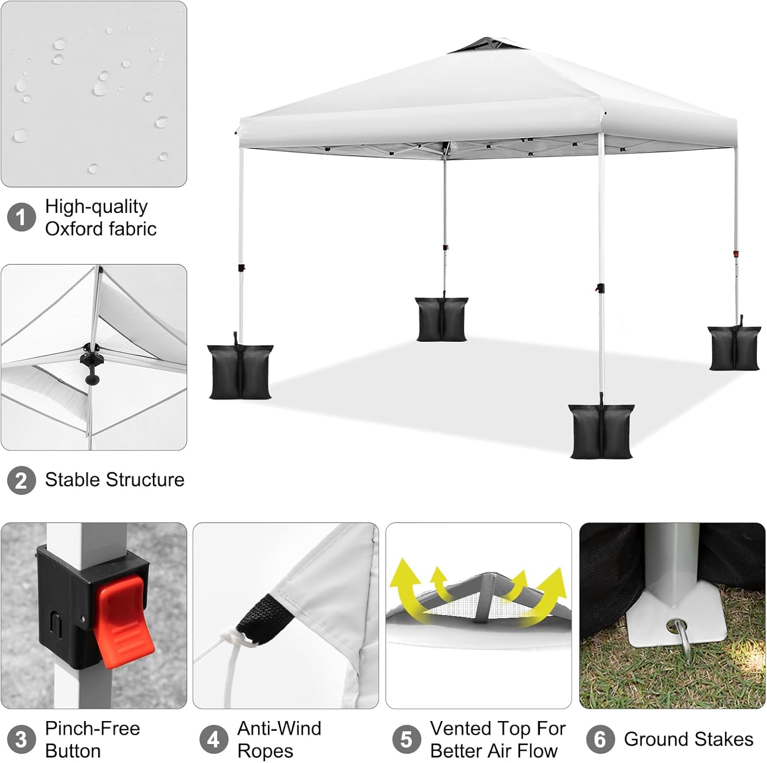 WEZIE 10x10 Pop Up Canopy Tent - One Button Quick Setup, Adjustable Height Gazebo with 4 Weight Bags | Portable Instant Shelter with Silver Coated Top & Sun Protection | Perfect for Outdoor Events, Camping, Beach Parties, Backyard Gatherings & Farmers Markets