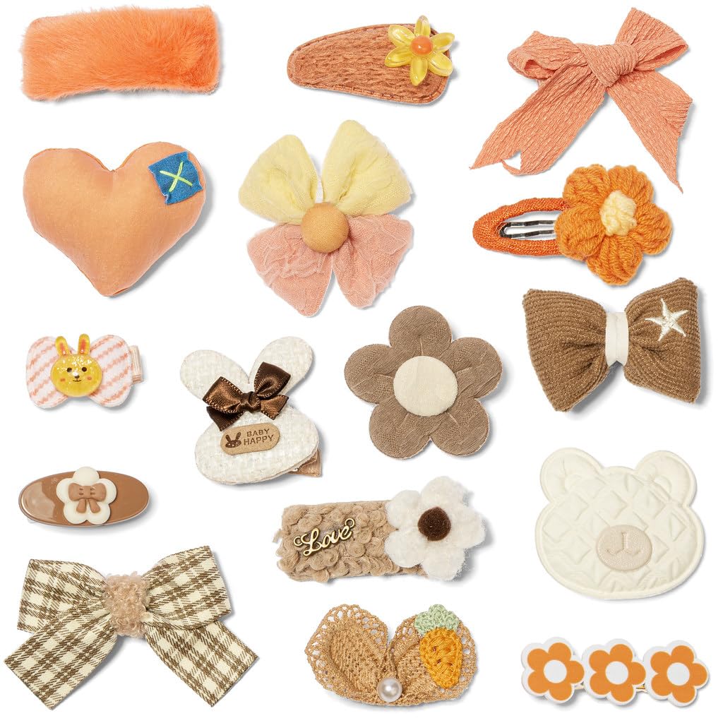 16 Pcs No Slip Hair Clips for Girls - Assorted Barrettes with Bows in Orange & Brown - Cute Hair Accessories for Toddlers, Kids & Teens - Perfect for School, Parties & Daily Styling Gifts