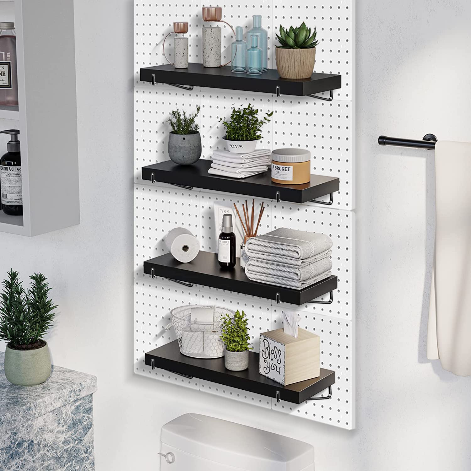 Black Pegboard Shelf 4 Pack - Wooden Shelves with Metal Brackets & Hooks for Craft Room, Home Organization, Kitchen Storage & Garage Tool Wall - Perfect for DIY Projects, Small Space Solutions & Workshop Organization