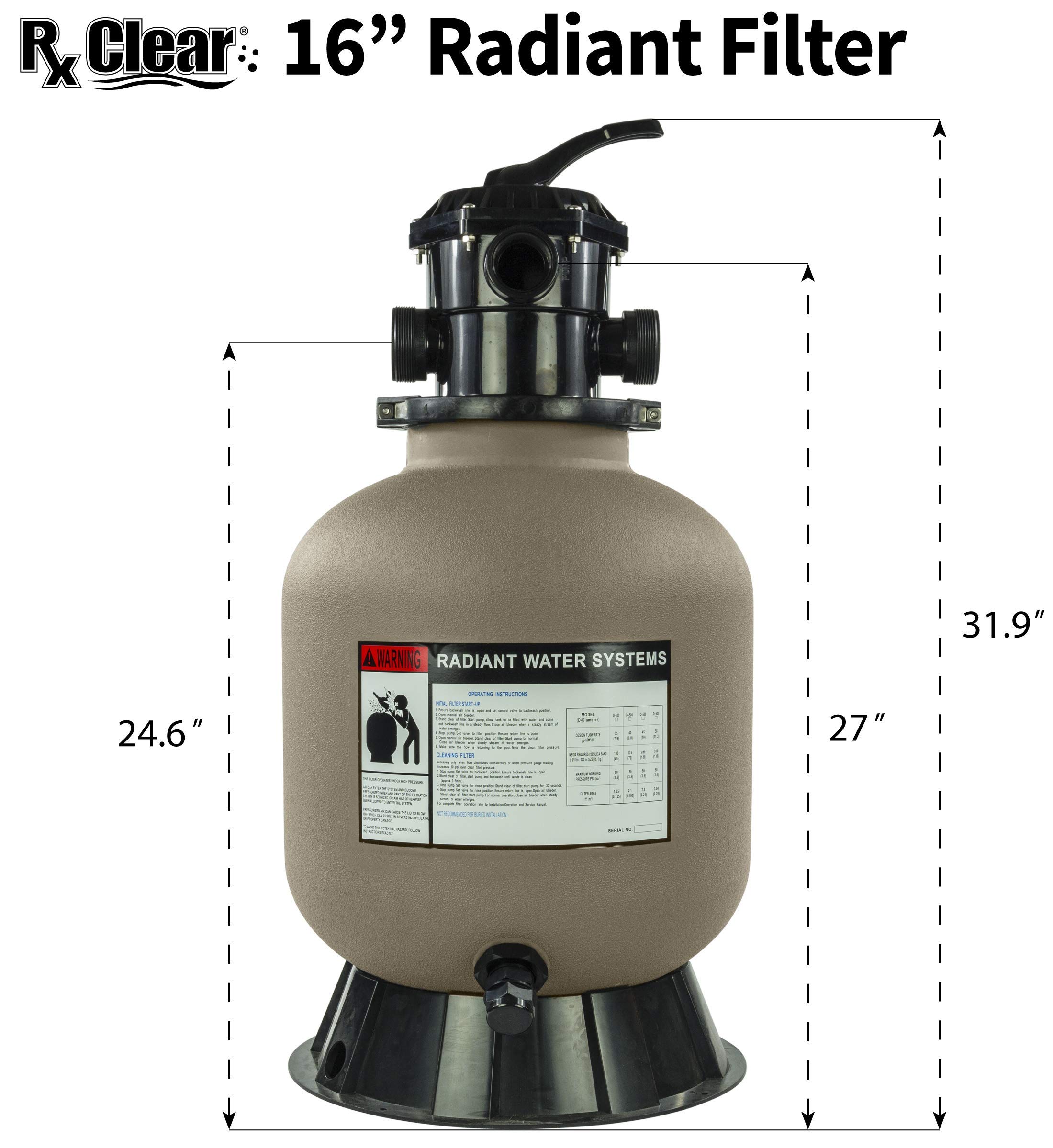 Rx Clear Radiant Sand Filter for Above Ground Pools - 16 Inch Tank, 6-Position Valve, 1.5