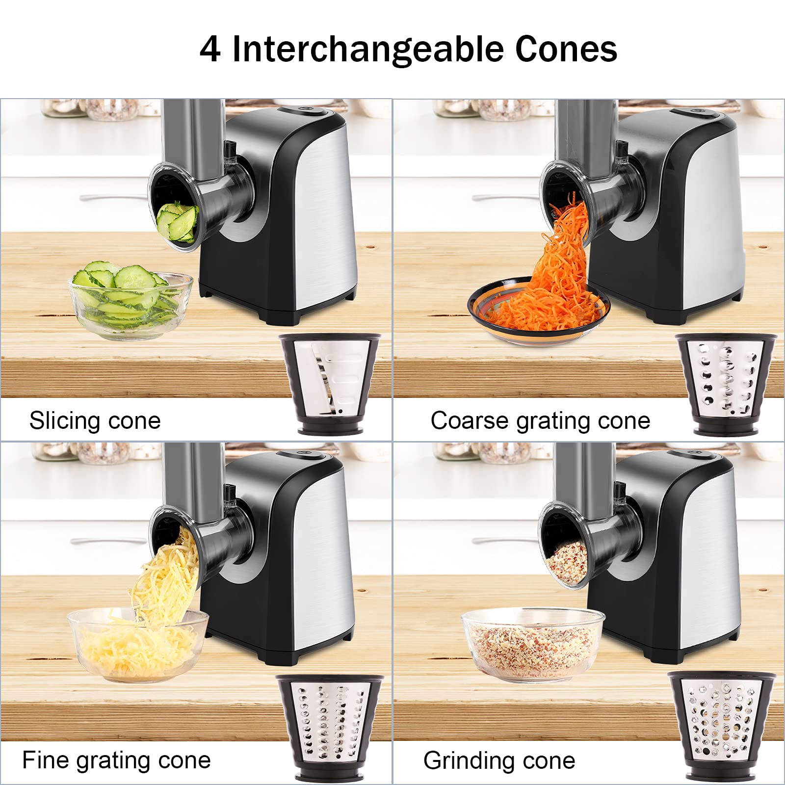 150W 4-in-1 Electric Cheese Grater & Food Shredder - Professional Salad Maker for Fruits, Vegetables, Cheeses - Includes 4 Free Attachments - Perfect for Home Kitchen, Meal Prep & Healthy Cooking