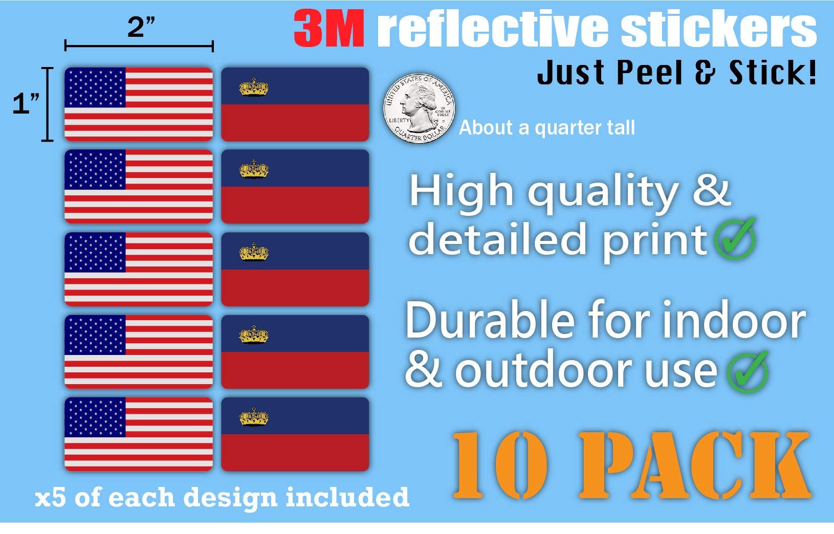 3M Reflective Liechtenstein and US Flag Stickers (10-Pack) - High Visibility Safety Decals for Helmets, Bikes, Toolboxes & Laptops - Perfect for Night Safety, Work Zones, and Outdoor Adventures
