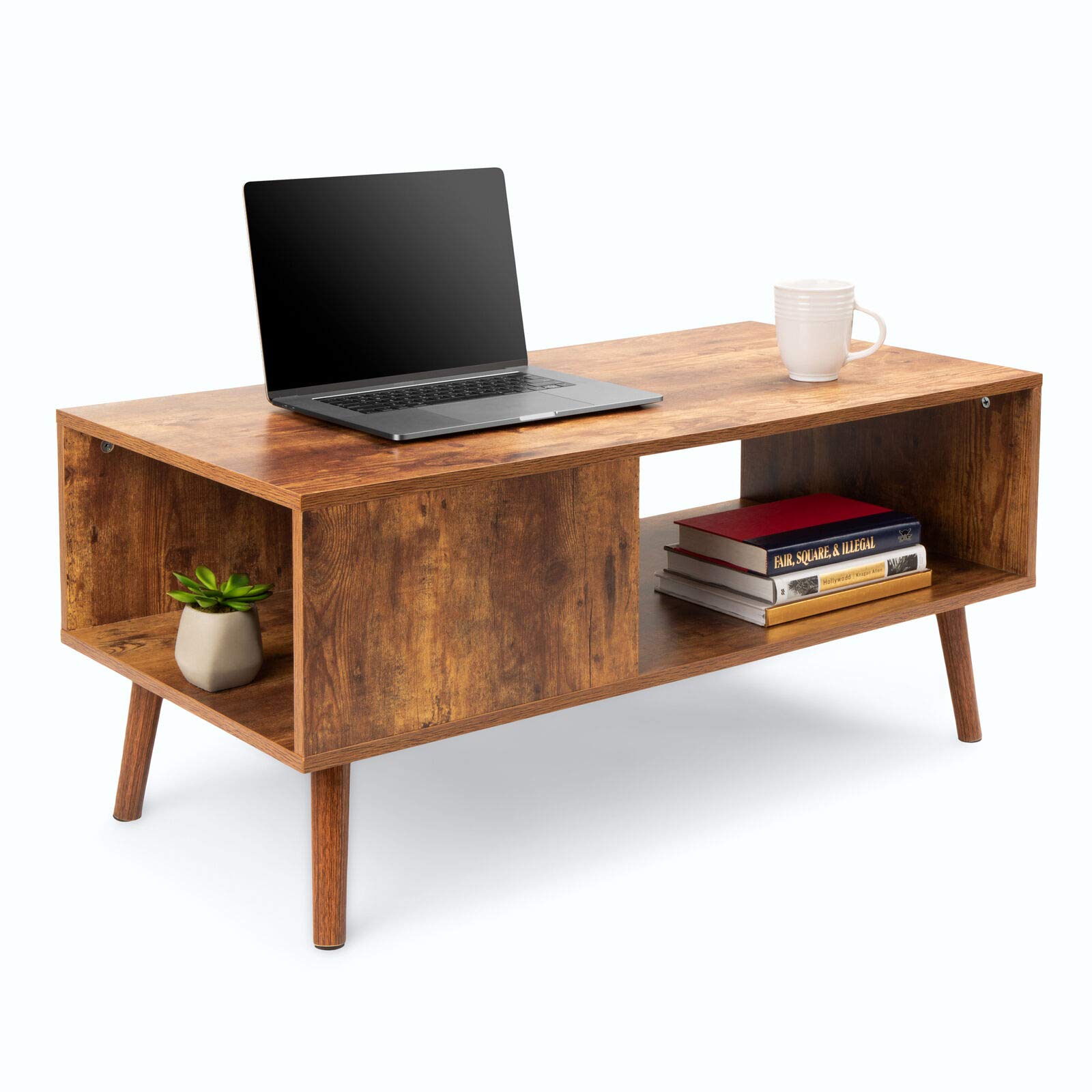 Vintage Wooden Coffee Table with Open Storage Shelf - Large Tabletop & Slanted Legs - Multifunctional Living Room Furniture for Home Office, Entertainment Area & Lounge (Perfect for Coffee, Cocktails & Accent Decor)