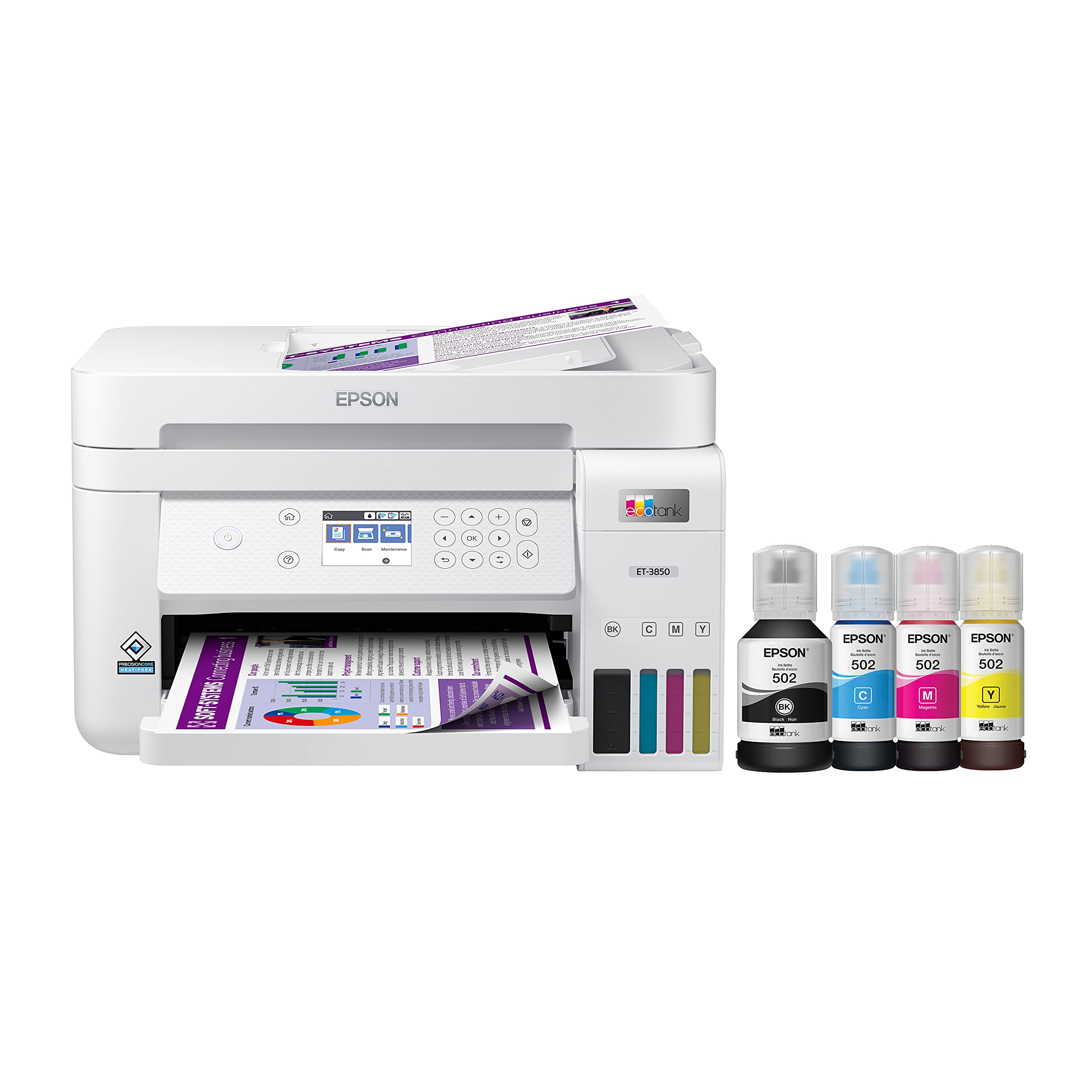Epson EcoTank ET-3850 Wireless Color All-in-One Supertank Printer with Scanner, Copier, ADF & Ethernet - Cartridge-Free Printing, White (Renewed) - Perfect for Home Office, Small Business & Remote Work Printing Needs