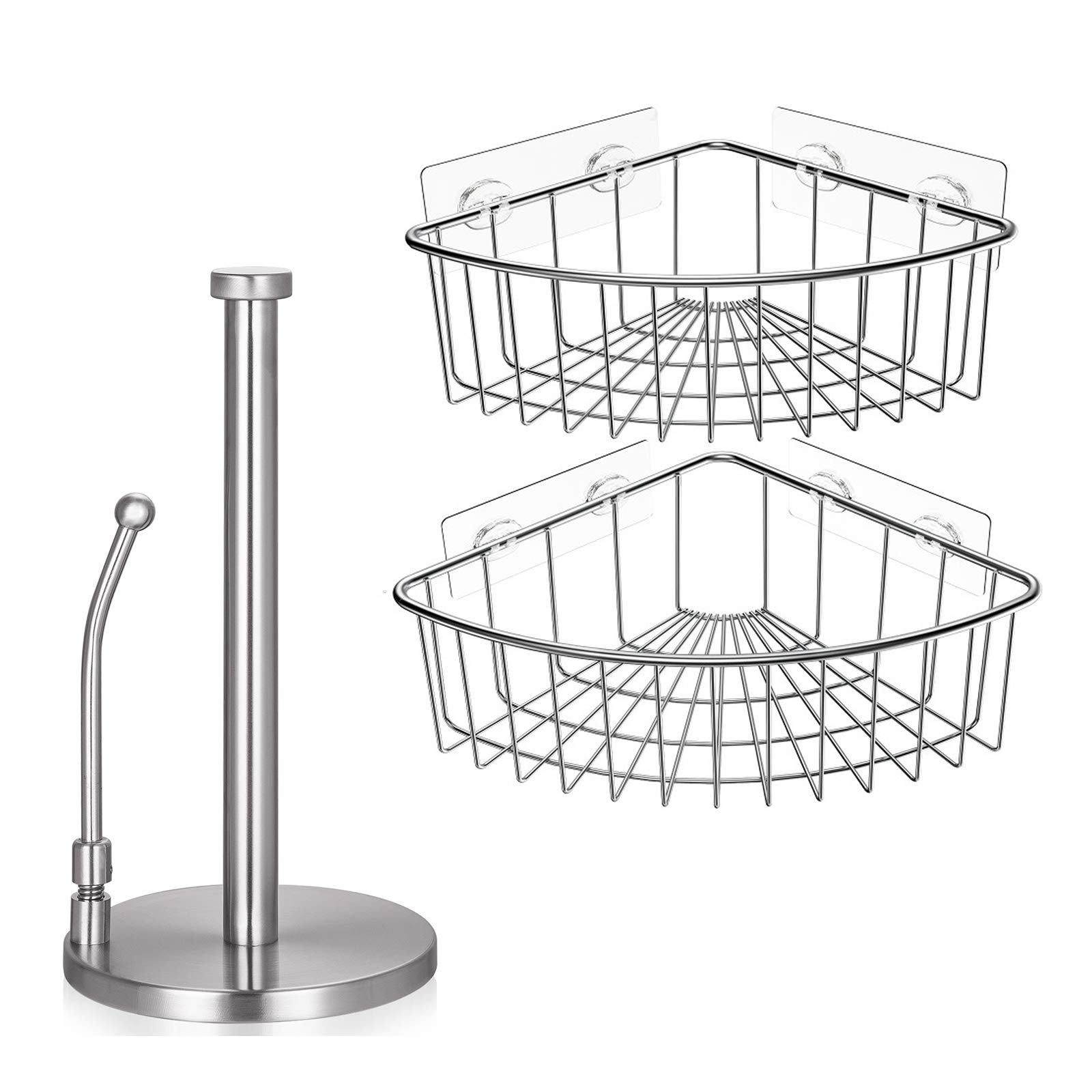 SMARTAKE 2-Pack Stainless Steel Corner Shower Caddy with Deep Basket - Wall Mounted Bathroom Shelf & Paper Towel Holder Combo - Rustproof SUS304 Steel for Shower Organization - Perfect for Small Bathrooms & Space Saving Storage