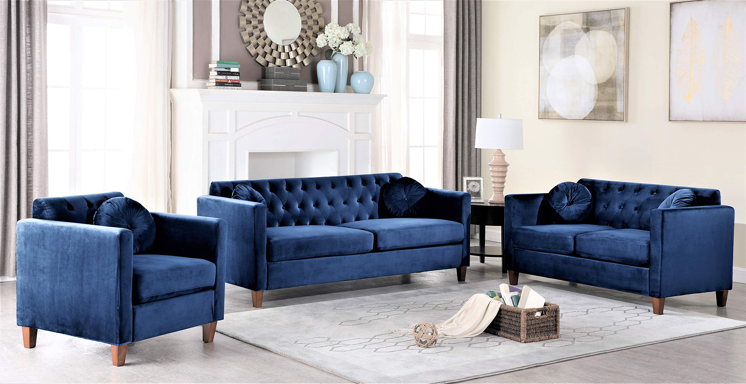 Persaud Classic Chesterfield Velvet Upholstered Living Room Couch - Ultra Blue Sofa for Home, Apartment & Office | Elegant Seating for Entertaining, Relaxing & Workspace Comfort