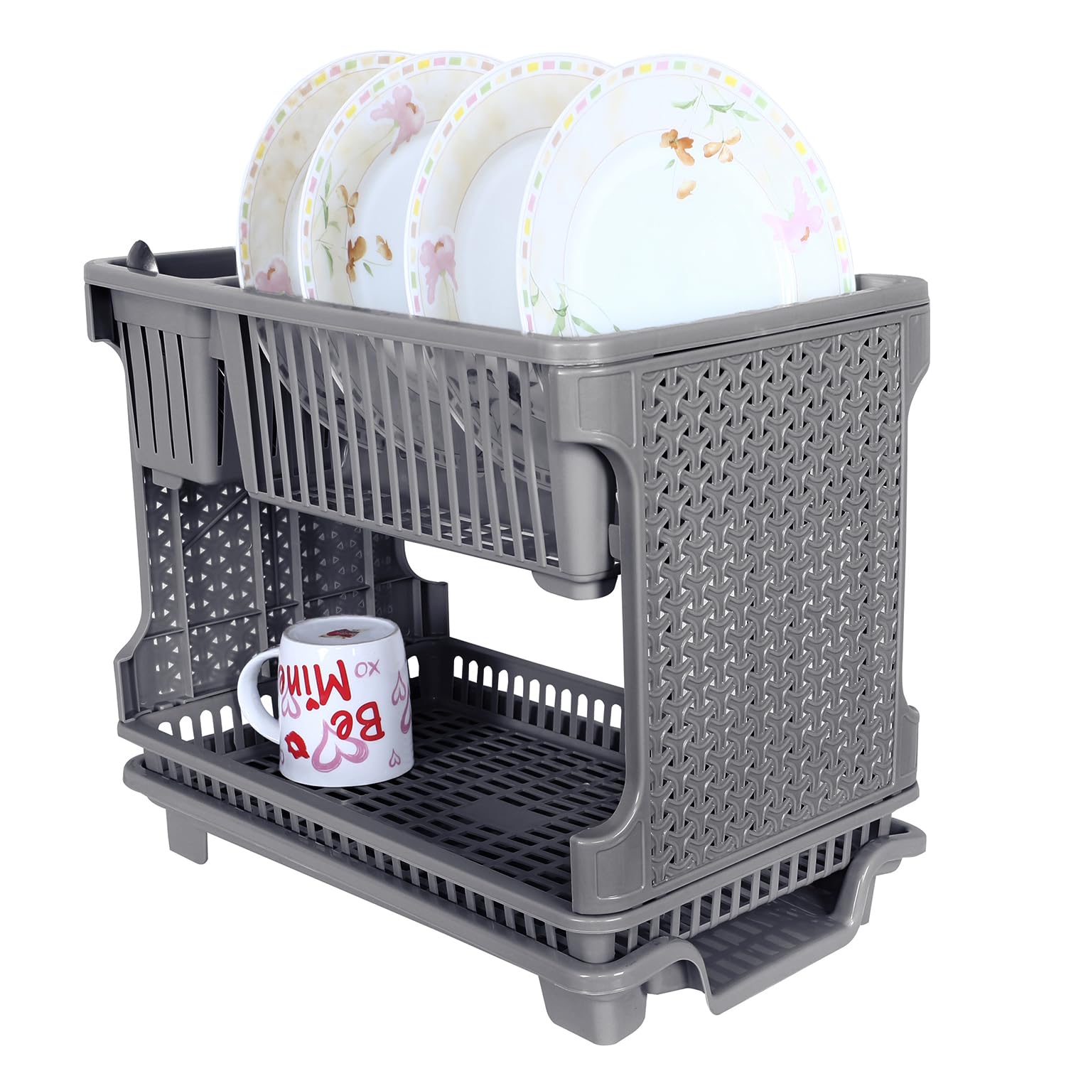 Kuber Industries Plastic Dish Drying Rack with Drainer & Tray - Space Saving Kitchen Organizer for Dishes, Utensils & Cookware | Gray | Perfect for Small Kitchens, Apartments & RVs