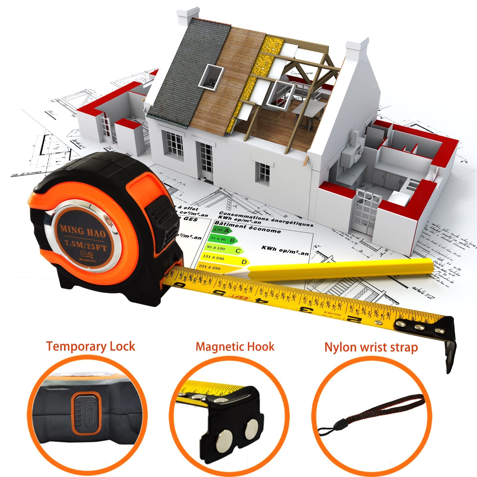 25 Ft Tape Measure with Easy-Read Fractions, Magnetic Hook & Finger Lock - Durable Shock-Absorbent Rubber Case for Construction, DIY Projects & Home Improvement