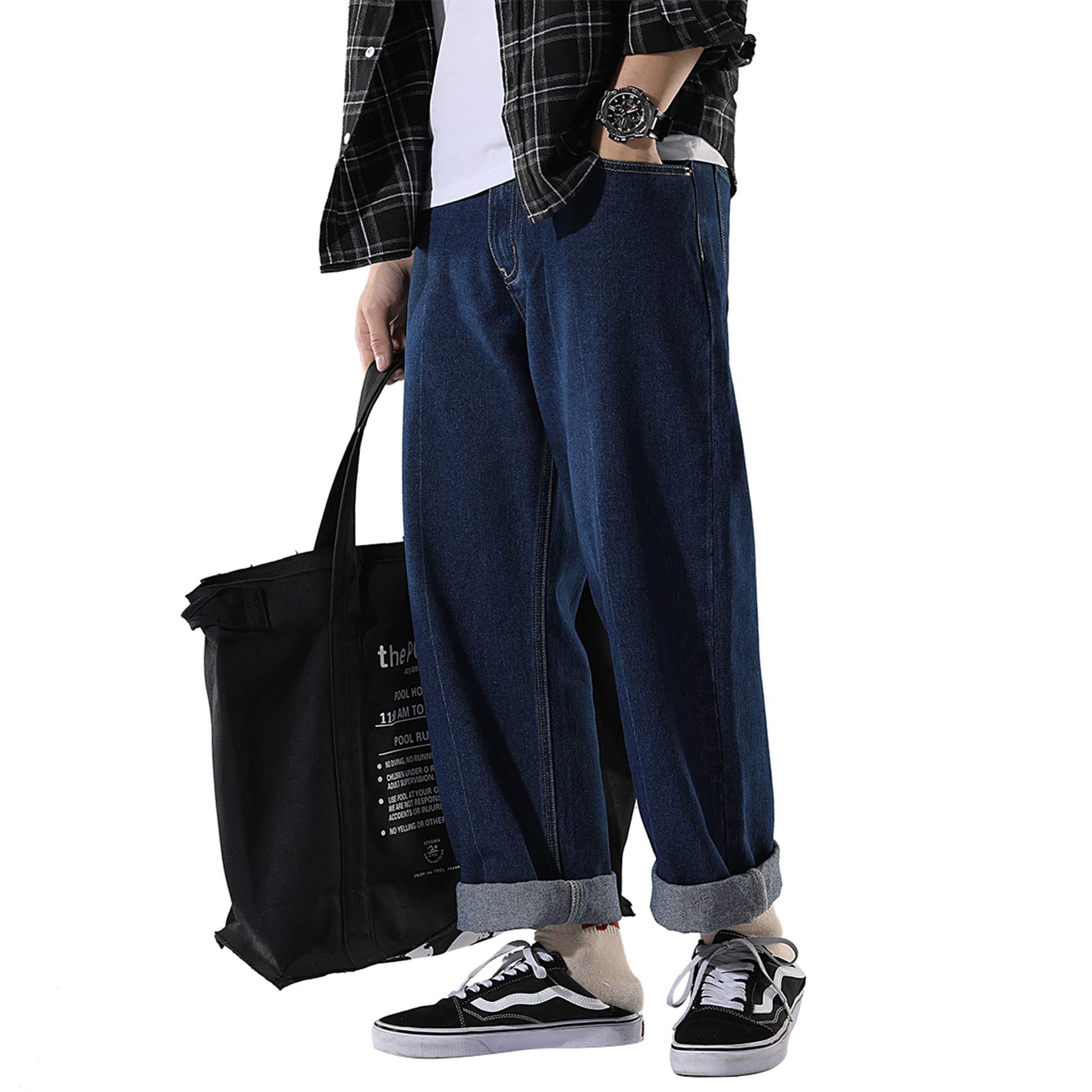 DOSLAVIDA Men's Work Jeans - Casual Hip Hop Cargo Pants, Loose Fit Straight Wide Leg Cotton Denim Trousers with Zipper | Durable for Construction, Streetwear & Everyday Wear