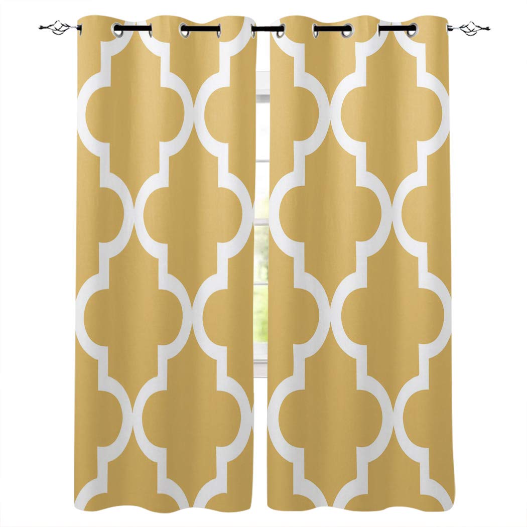 Premium Moroccan Yellow & White Geometric Blackout Curtains - Thermal Insulated Room Darkening Window Drapes for Living Room & Bedroom (2 Panels, 52x96 Inches) - Perfect for Home Decor, Privacy & Light Control