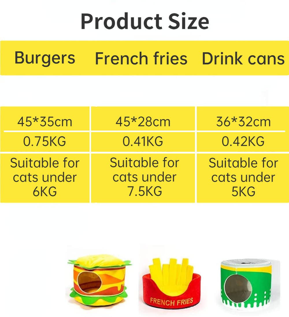Burger & French Fries Shaped Cat House - Washable, Convertible Pet Bed for Cats & Dogs, Easy to Clean Removable Cover - Perfect for Playtime, Napping & Home Decor