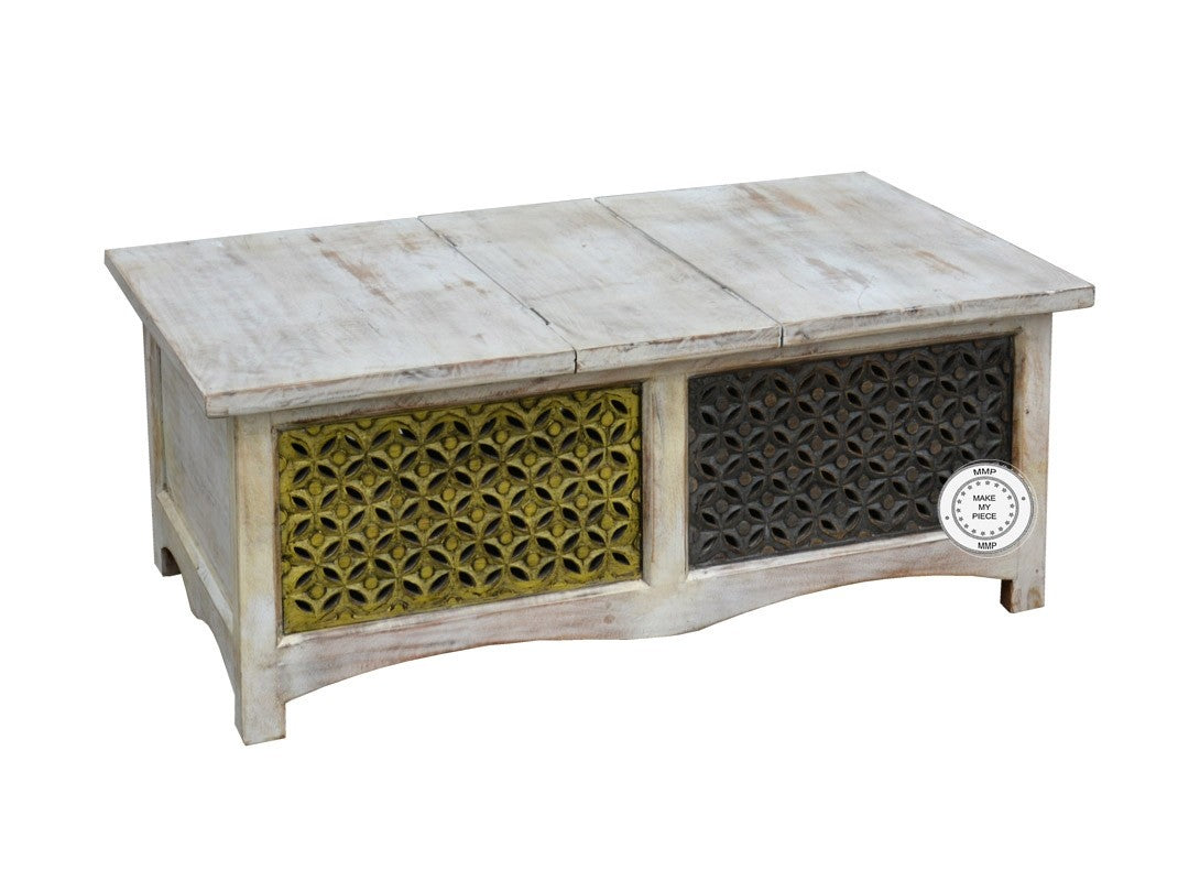 Hand Carved Indian Solid Wood Jali Chest Box with Side Table - Whitewashed Storage for Jewelry, Blankets & Home Decor - Perfect for Bedroom, Living Room & Boho Style Decor