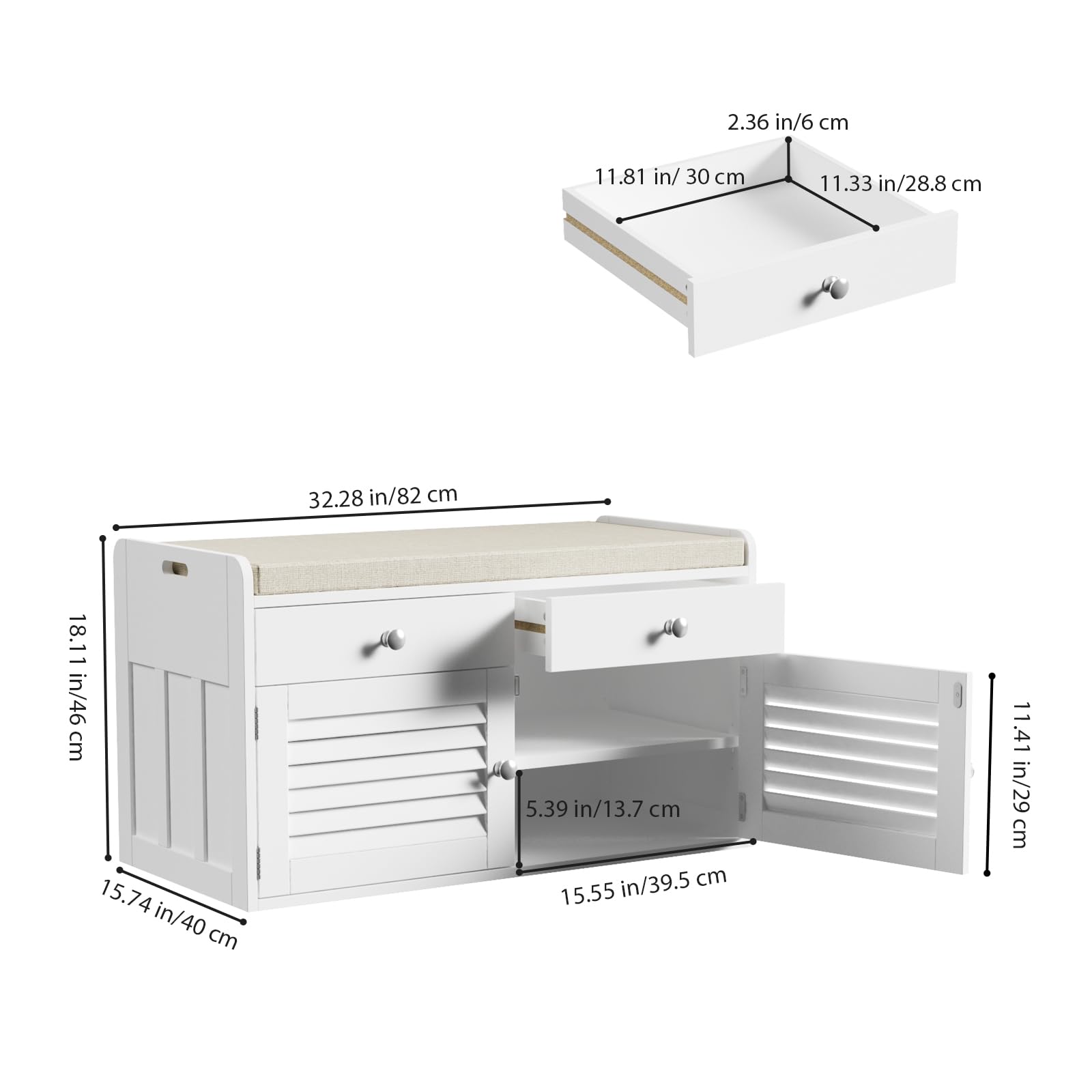 White Shoe Storage Bench with 2 Drawers & 2 Doors - Entryway Bench with Cushion & Adjustable Shelves - Multifunctional Shoe Cabinet for Entryway, Living Room, Hallway, Mudroom, Bedroom - Perfect for Organizing Shoes, Hats & Home Decor Items