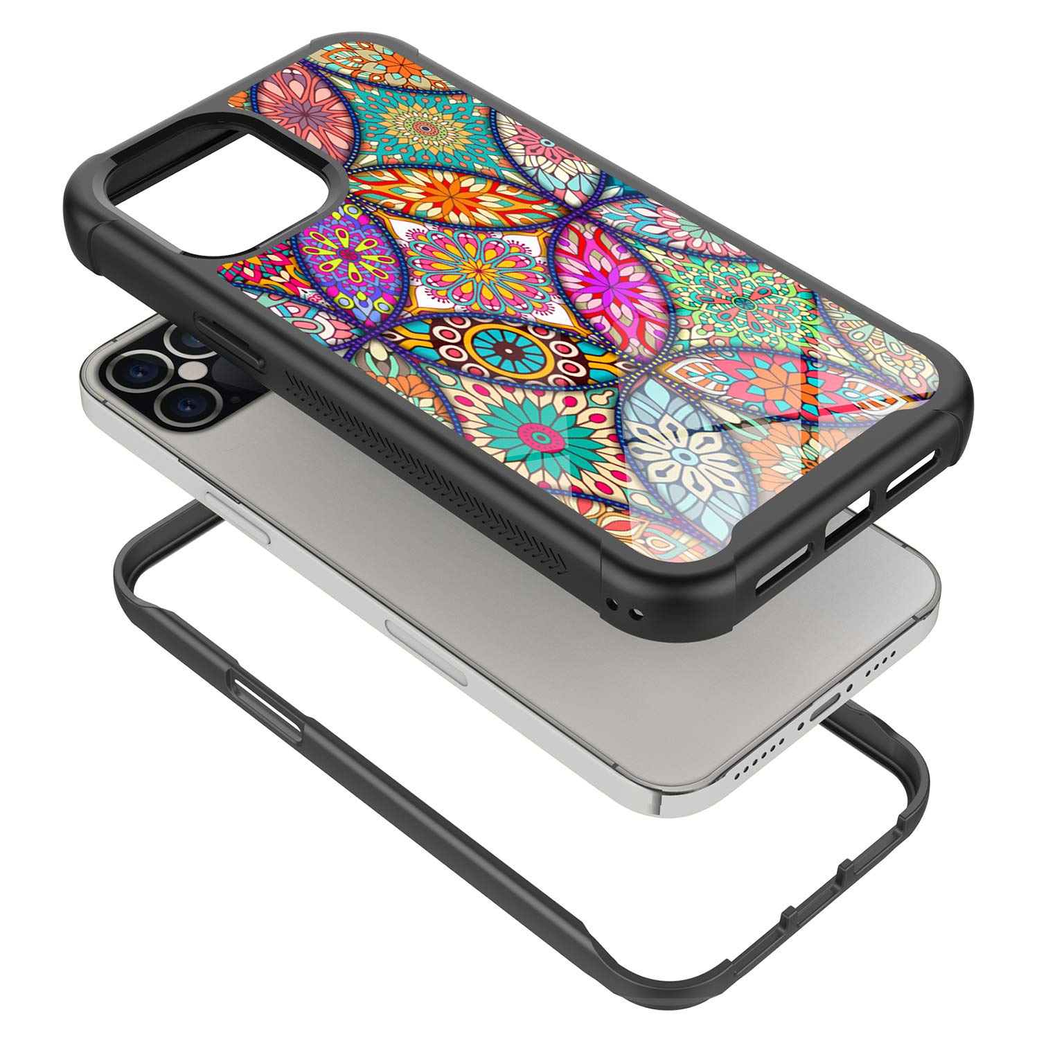 iPhone 12 Pro Max Case 6.7 Inch - Rosebono Hybrid IMD Design, Anti-Scratch Silicone Cover with Colorful Mandala Pattern | Fashion Protection for Women & Teens | Perfect for Daily Use, Work & Travel