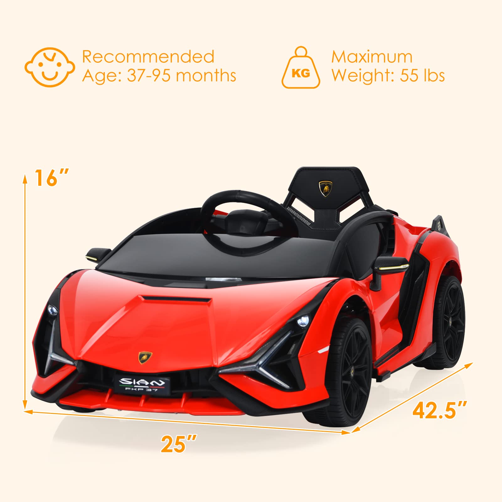 OLAKIDS Licensed Lamborghini SIAN 12V Electric Ride On Car for Kids - Remote Control, Battery Powered Toy with Music, Horn, 2 Speeds, Suspension & LED Lights - Perfect Birthday Gift for Toddlers (Red) | Indoor & Outdoor Play, Backyard Fun, Preschool Learning Toy