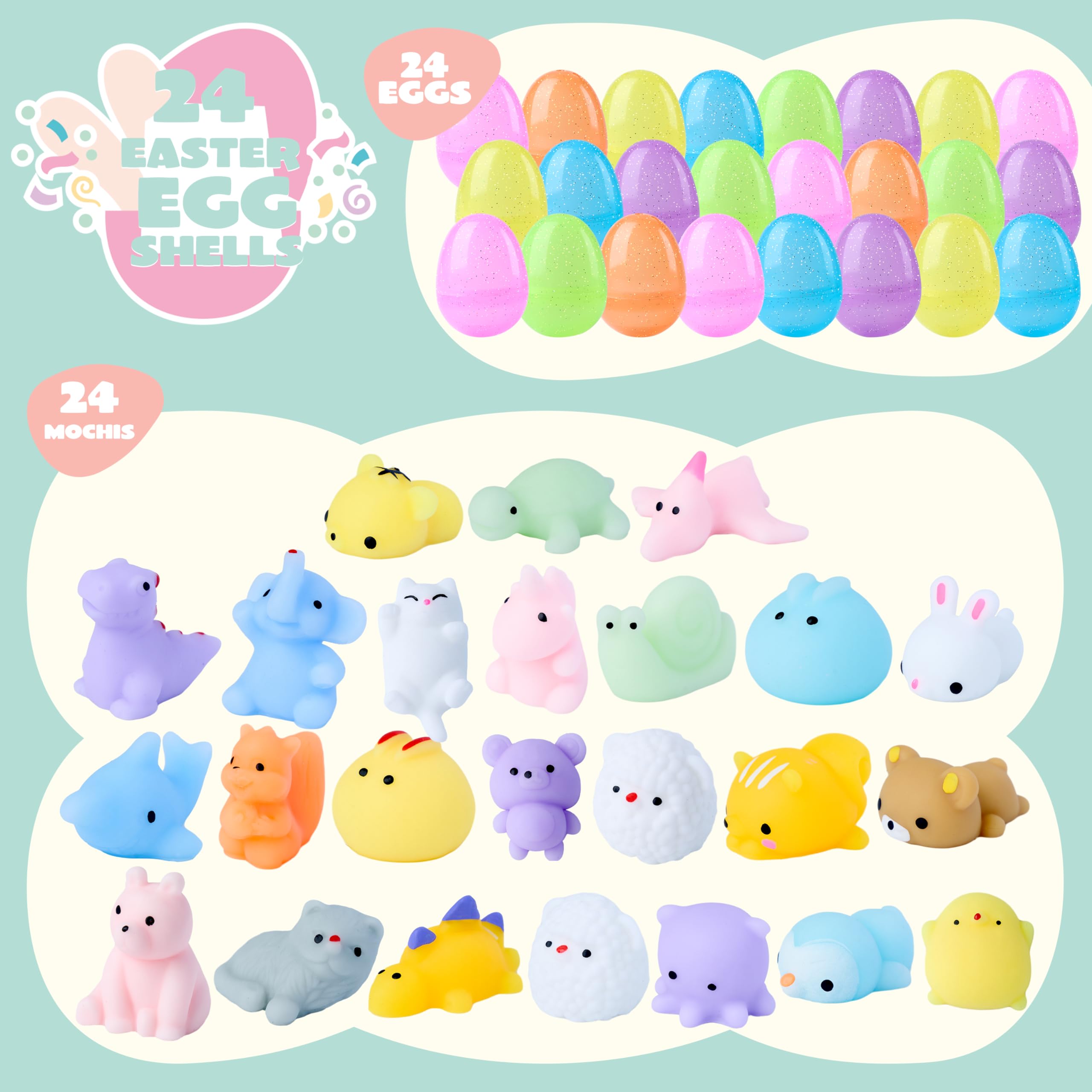JOYIN 24 Pcs Easter Eggs with Mochi Squishy Toys - Animal Stress Relief Fidget Toys for Easter Basket Fillers, Kids Party Favors & Classroom Prizes - Perfect for Easter Egg Hunts, Birthday Parties & School Rewards