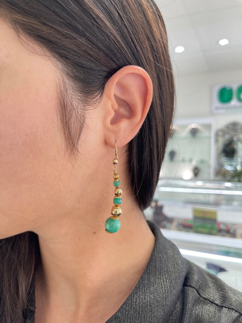 14K Gold & Silver Natural Emerald Bead Dangle Earrings - 28.16tcw Large Statement Jewelry for Women, Perfect for Weddings, Parties & Special Occasions