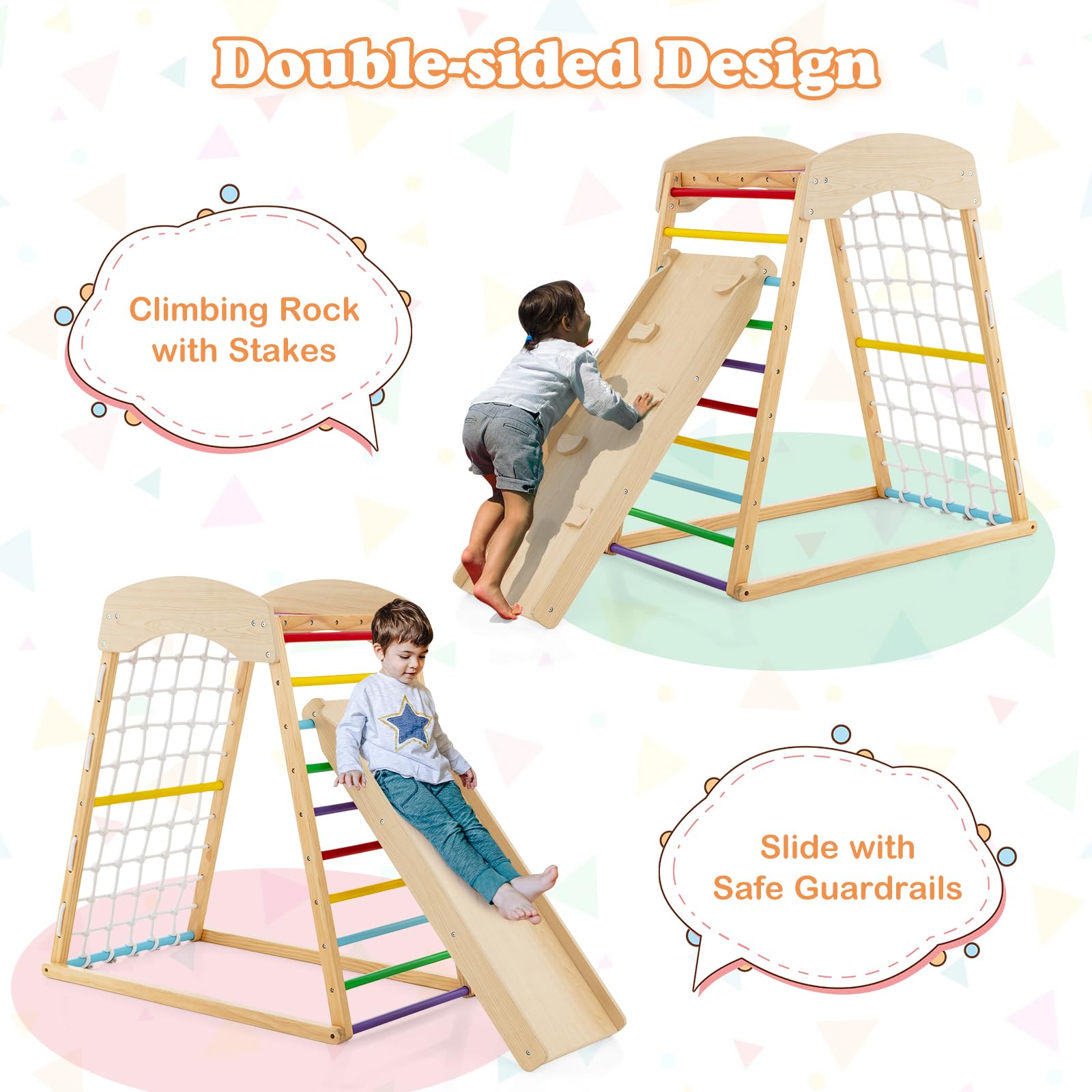 Costzon 6-in-1 Montessori Indoor Jungle Gym for Toddlers Ages 2-6 - Wooden Climbing Toys with Double-Sided Slide, Rock Wall & Net - Perfect for Home Playrooms, Daycares & Preschool Classrooms