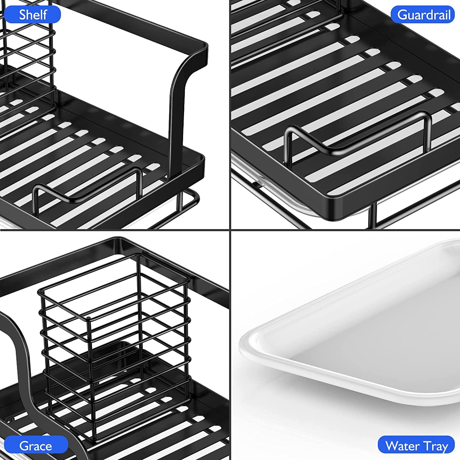 Black Sink Caddy Organizer - Kitchen Sponge, Dish Soap & Scrubber Holder with Removable Drain Pan - Perfect for Kitchen Sink Organization & Cleaning Supplies Storage