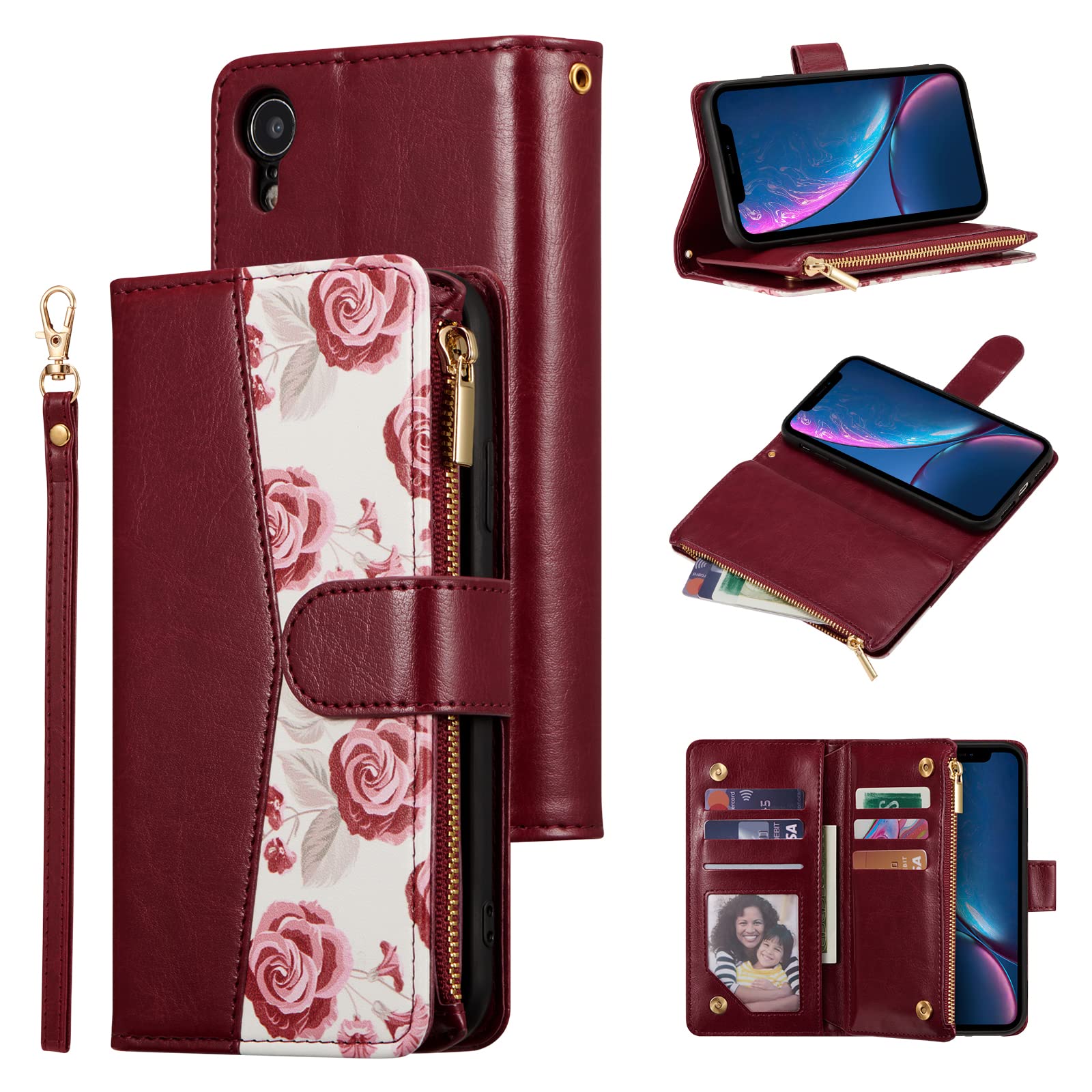 Premium PU Leather Wallet Case for iPhone XR with Magnetic Closure - Rose Design Card Holder & Zipper Pocket (Wine Red) | Perfect for Daily Use, Travel & Hands-Free Convenience