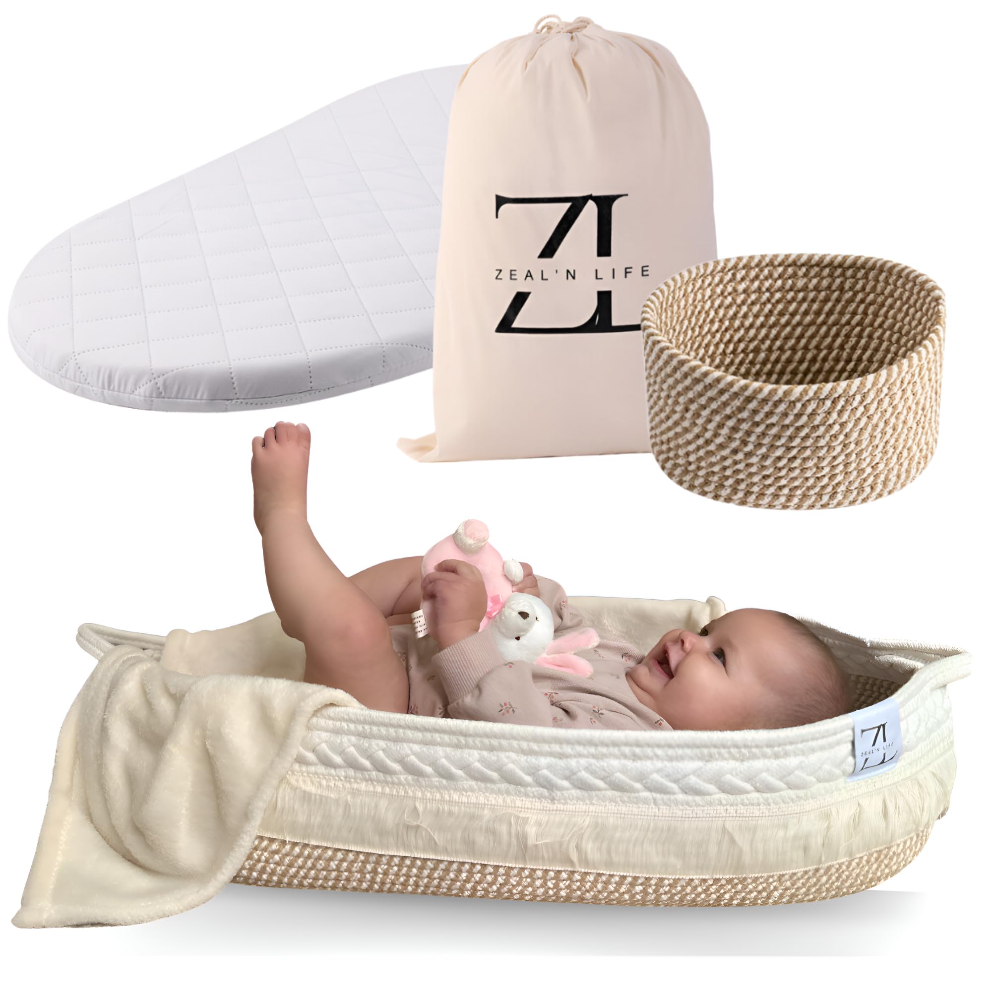 ZEAL'N LIFE Portable Baby Changing Basket with Diaper Storage, Soft Blanket & Waterproof Changing Pad - Nursery Organizer for Dresser, Travel & Newborn Essentials (Beige) | Perfect for Home, Nursery & On-the-Go Diaper Changes