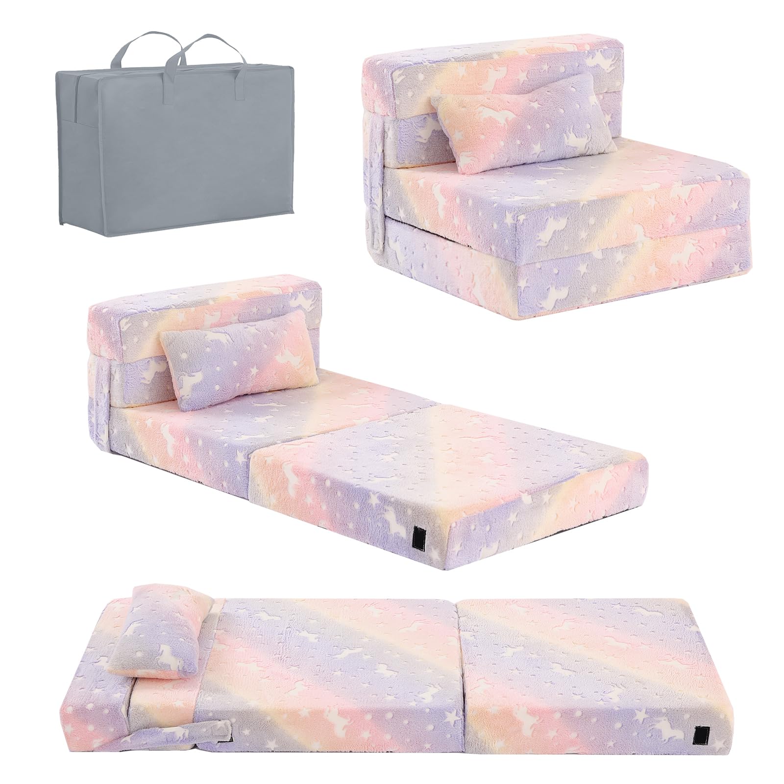 Tiita Foldable Floor Mattress for Kids & Toddlers - Convertible Sofa Bed, Glow in Dark Futon with Storage Bag - Twill Pegasus Design for Playroom, Sleepovers & Travel