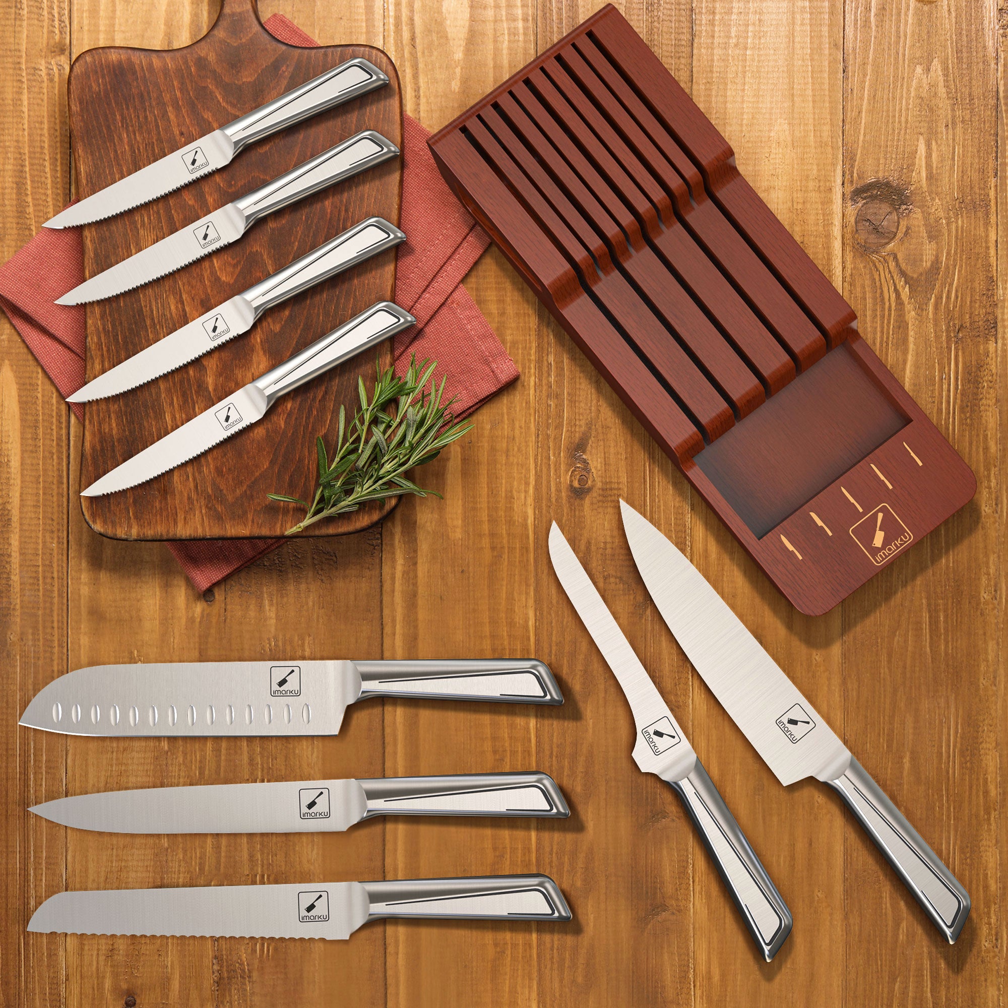 Premium In-Drawer Knife Block Set with 10-Piece Carbon Steel Knives - Perfect for Kitchen Organization & Safe Knife Storage