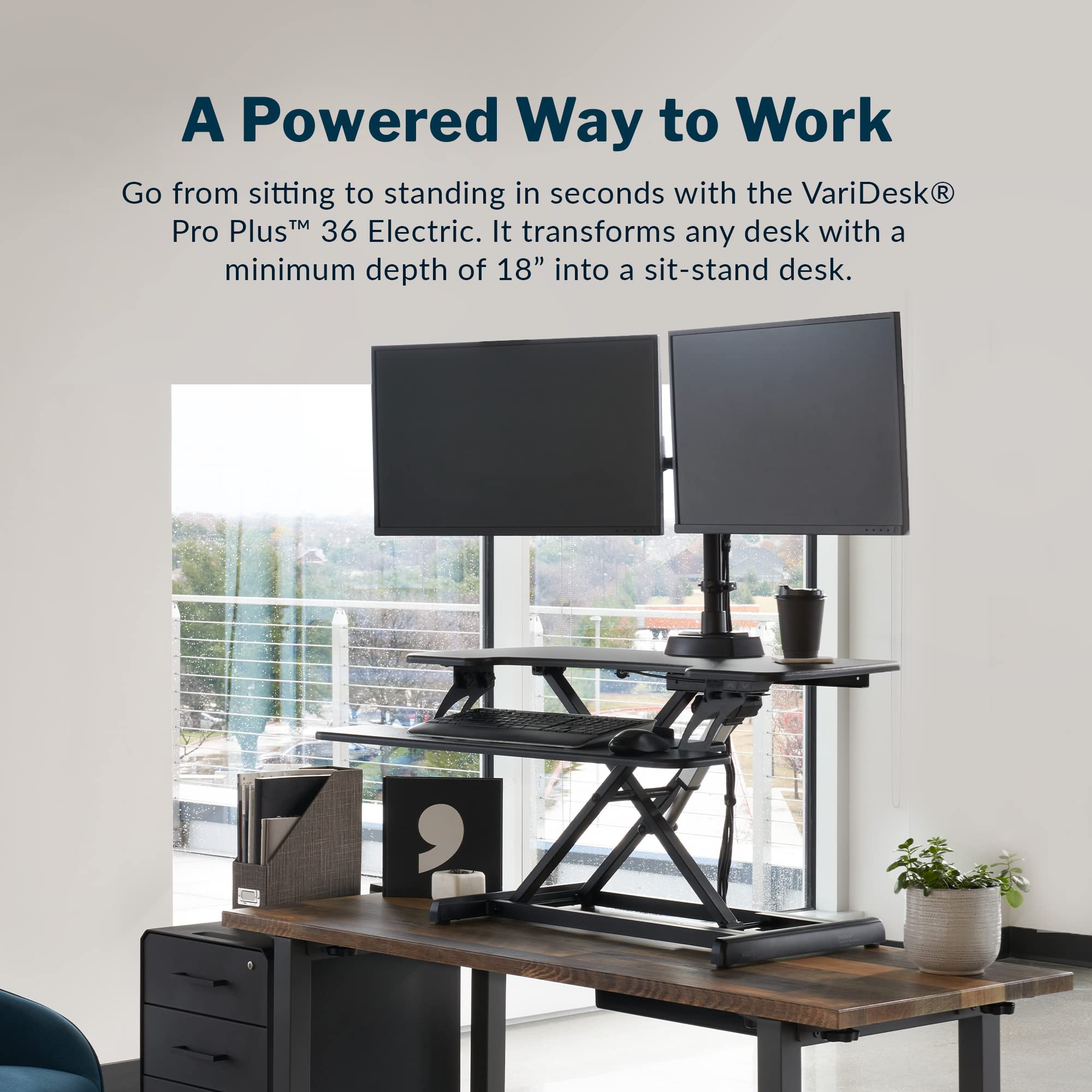 Vari Electric Standing Desk Converter - Height Adjustable Dual Monitor Workstation for Home Office | Black | Ergonomic Sit-Stand Desk Riser for Computer, Laptop & Workspace Productivity
