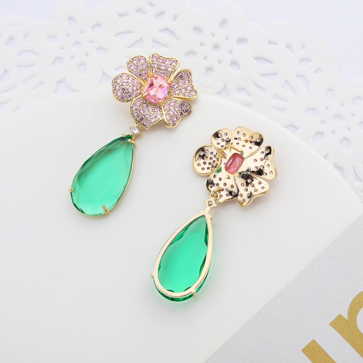 Cubic Zirconia CZ Floral Drop Earrings for Women - Wedding, Bridal, Birthday Party Jewelry Gift - Elegant Crystal Dangle Earrings for Bride, Girlfriend & Special Occasions